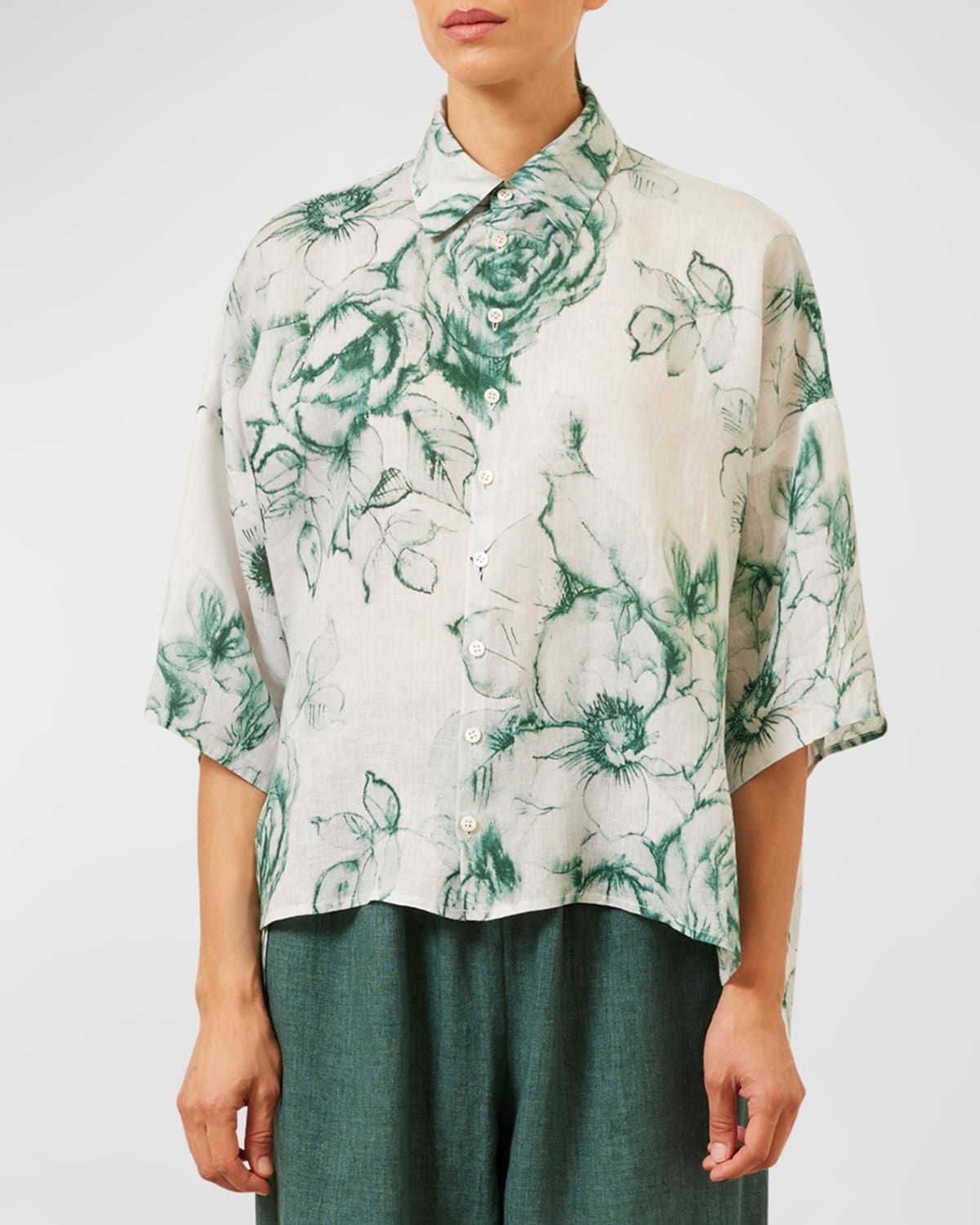 Shop Eskandar Sloped-shoulder Wide A-line Short-sleeve Shirt With Collar (mid Length) In Tealgreen