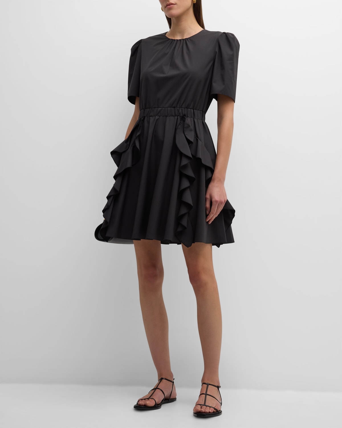 Shop Jason Wu Ruched Short-sleeve Ruffle Mini Dress In Black