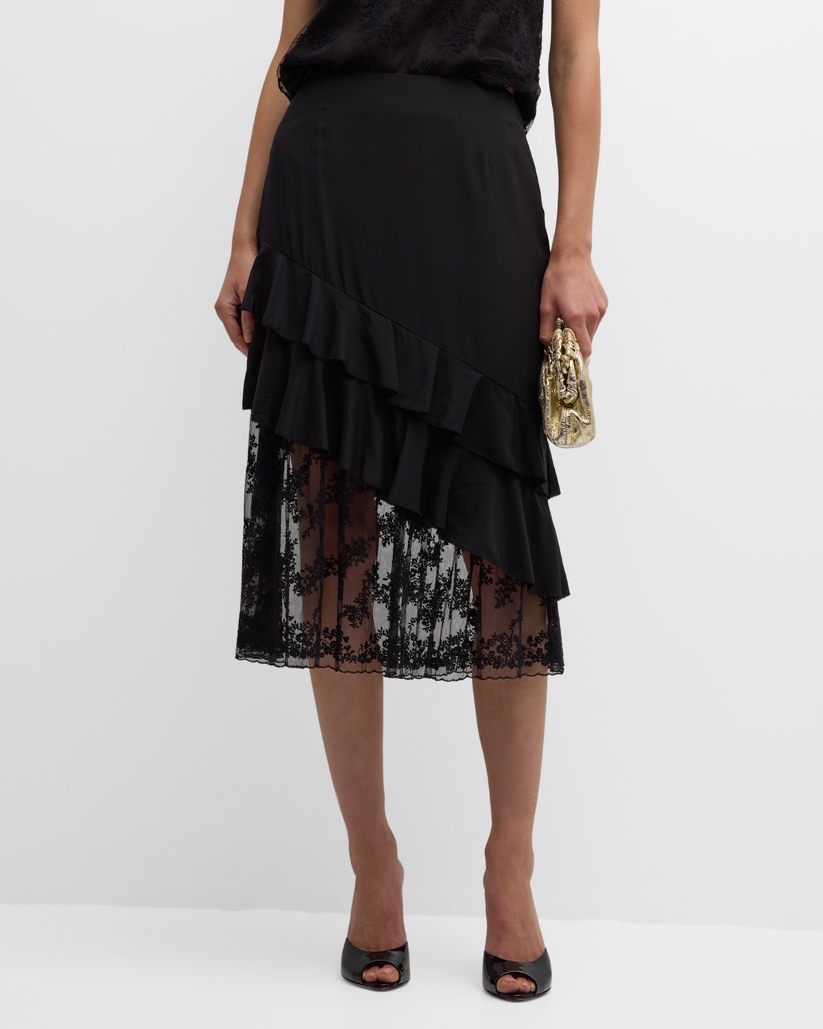 Embroidered Lace-Hem Ruffle Midi Skirt