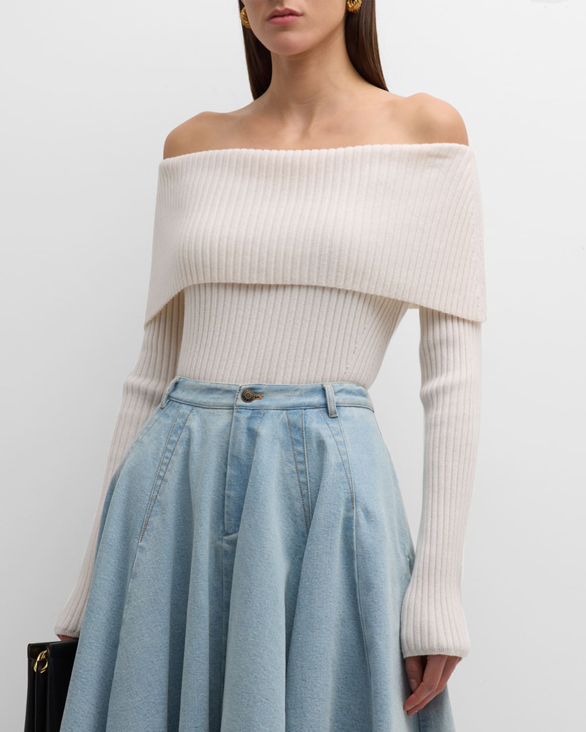 Off-Shoulder Ribbed Wool Cashmere Sweater