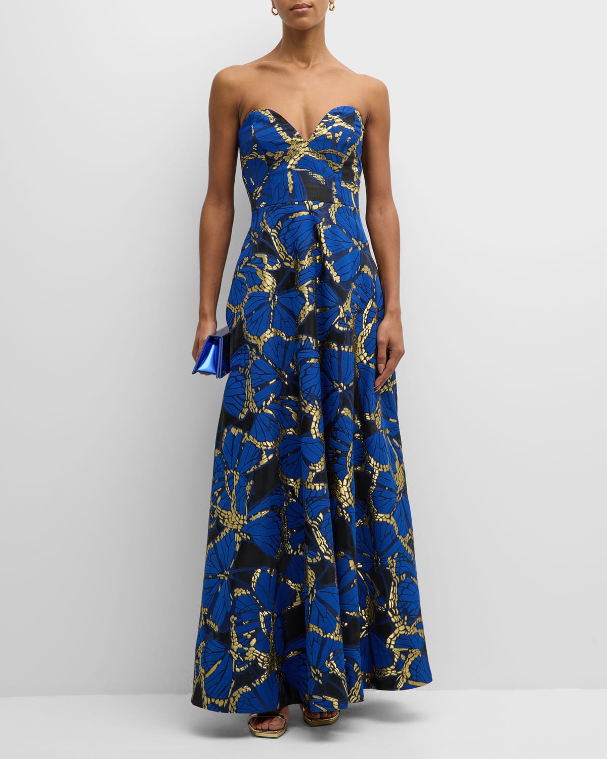 Milly Roxy Strapless A-line Metallic Jacquard Gown In Blue Multi