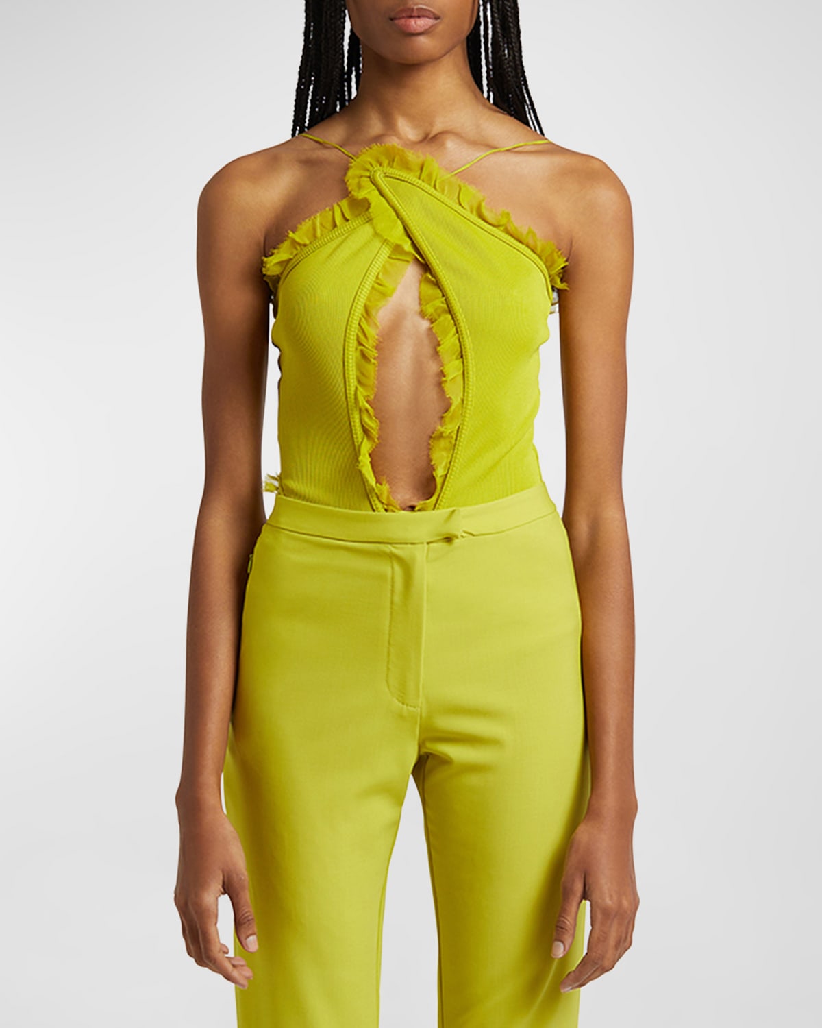 Shop Christopher Esber Carina Ruffle Crossover Keyhole Halter Bodysuit In Limeade