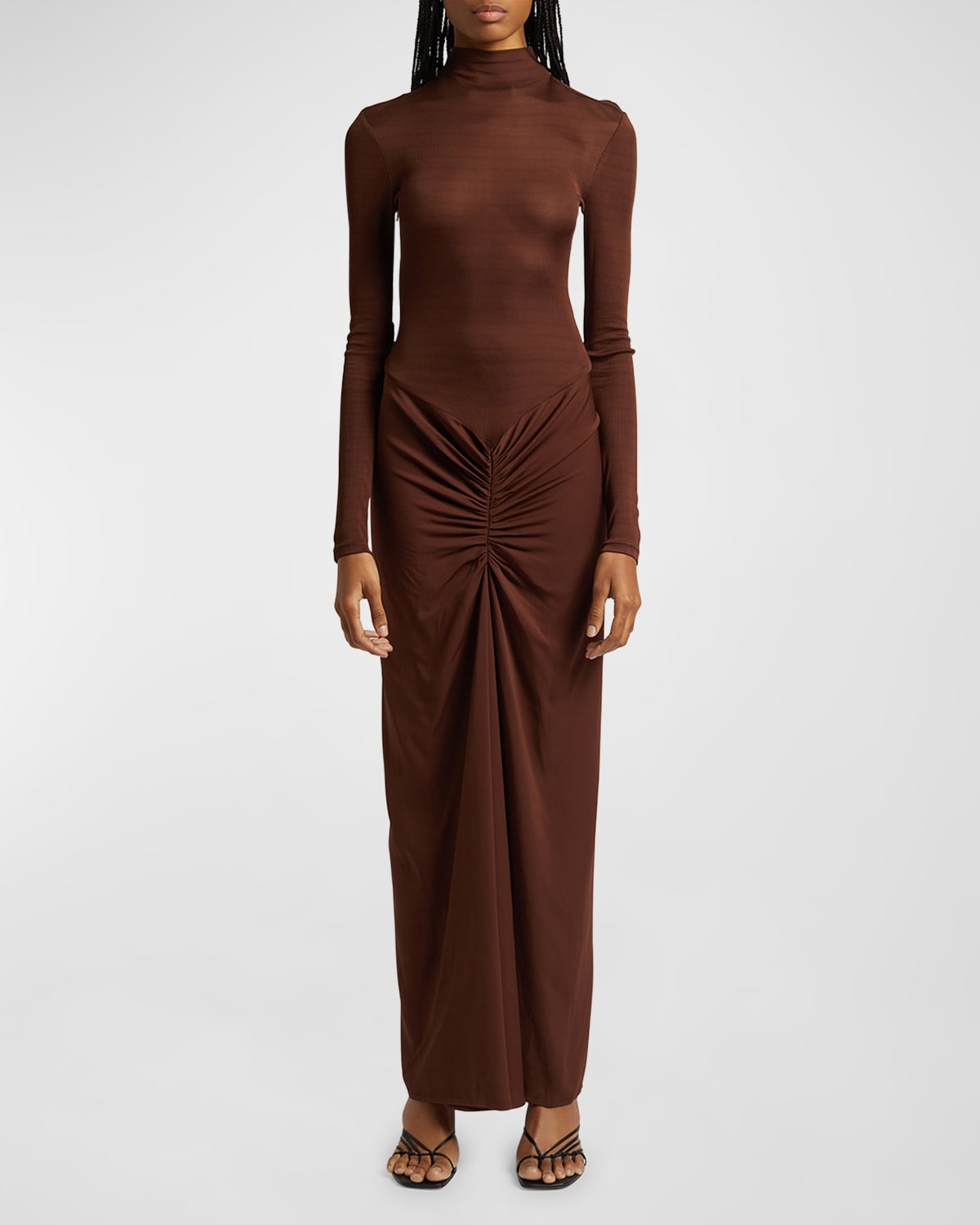 Shop Christopher Esber Fusion Turtleneck Long-sleeve Gathered Maxi Dress In Mahogany