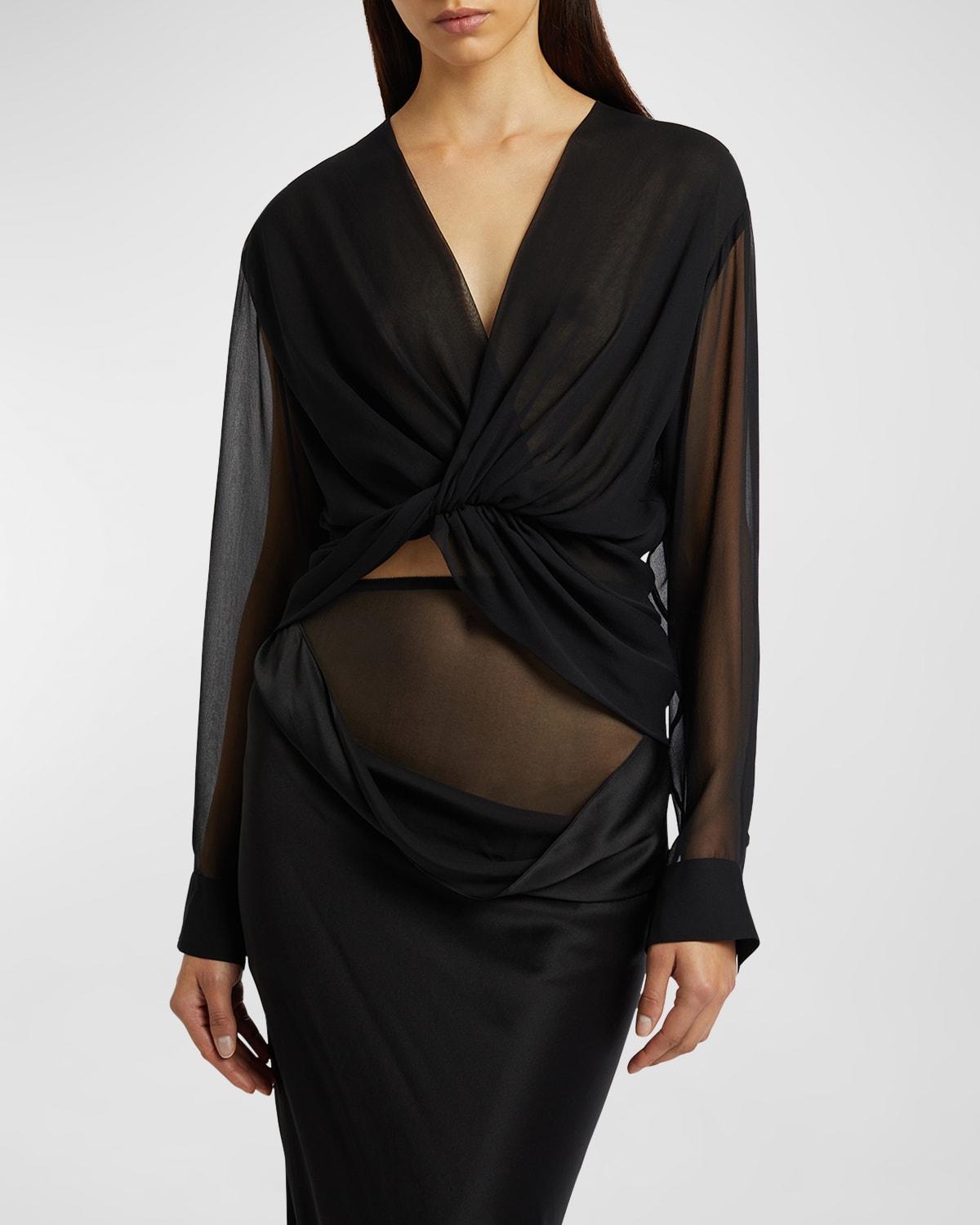 Shop Christopher Esber Springs Long-sleeve Twisted Silk Crop Top In Black