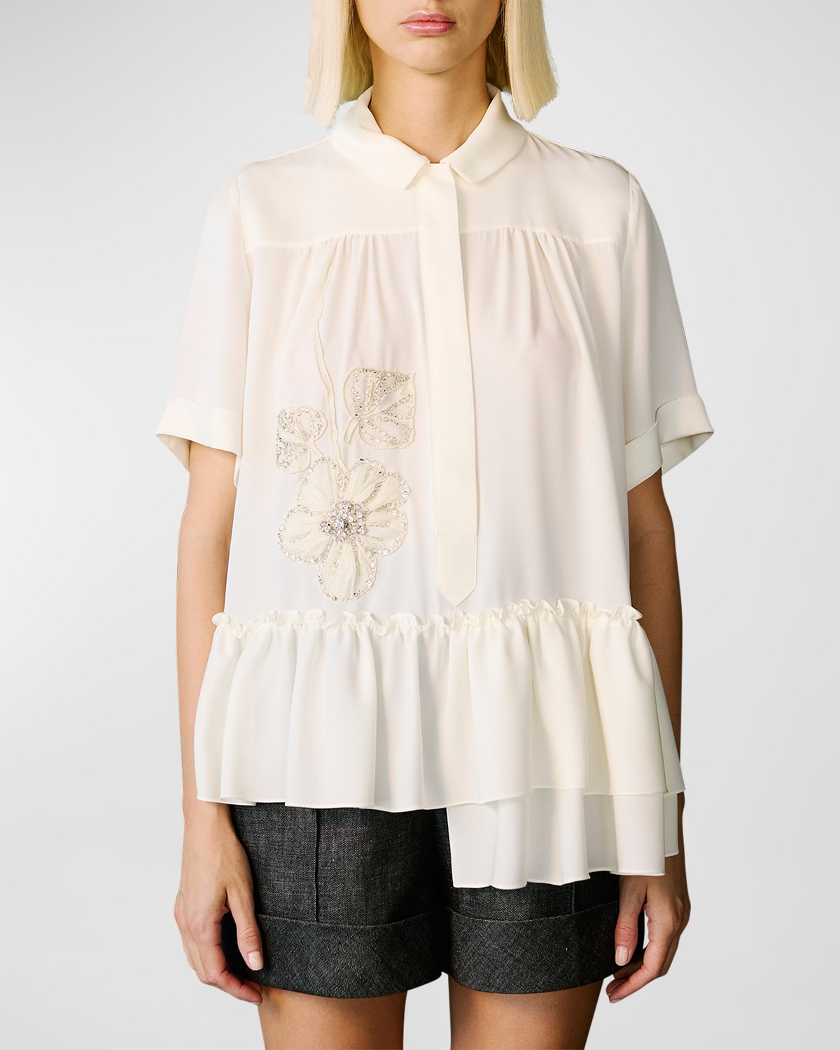 Dice Kayek Flower Embellished Ruffle Short-Sleeve Collared Shirt