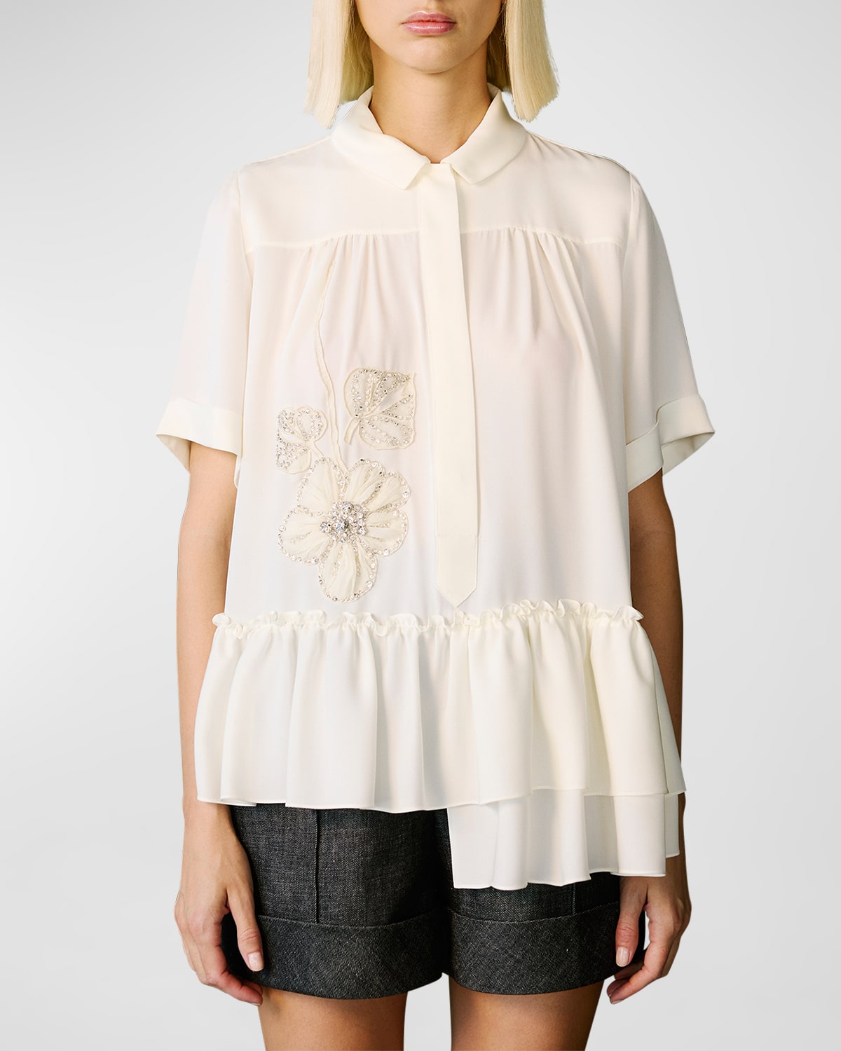 Dice Kayek Flower Embellished Ruffle Short-sleeve Collared Shirt In White