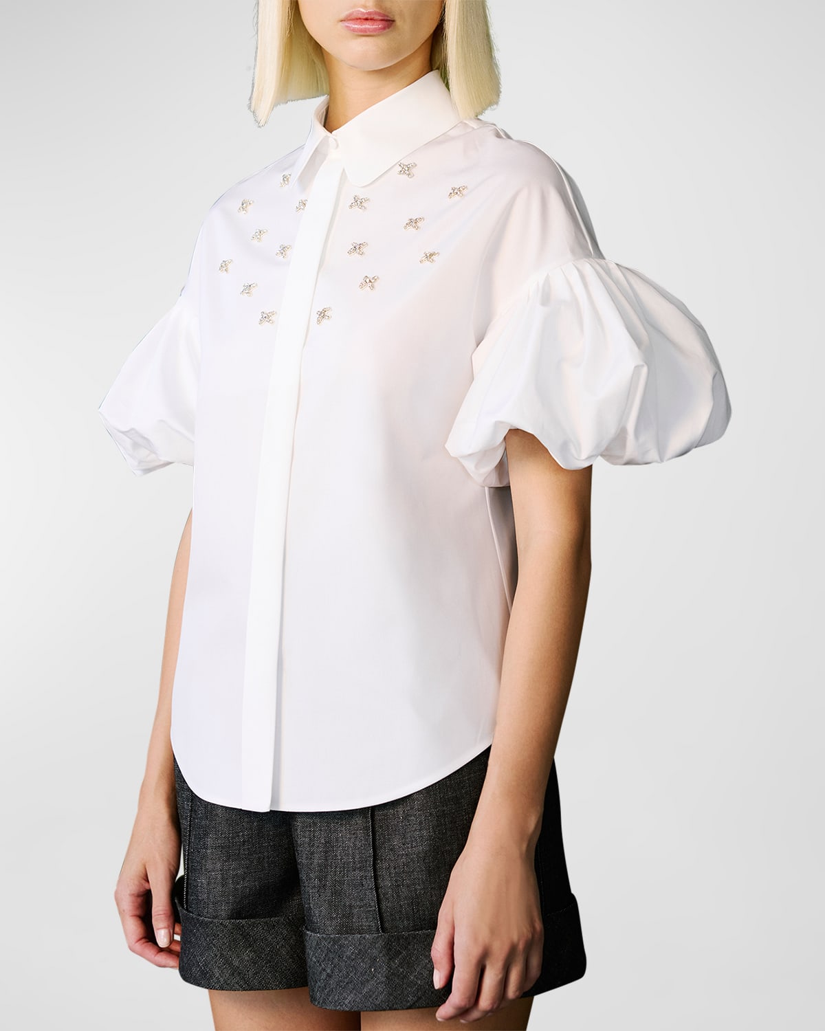 Dice Kayek Crystal-embellished Short-sleeved Shirt In White