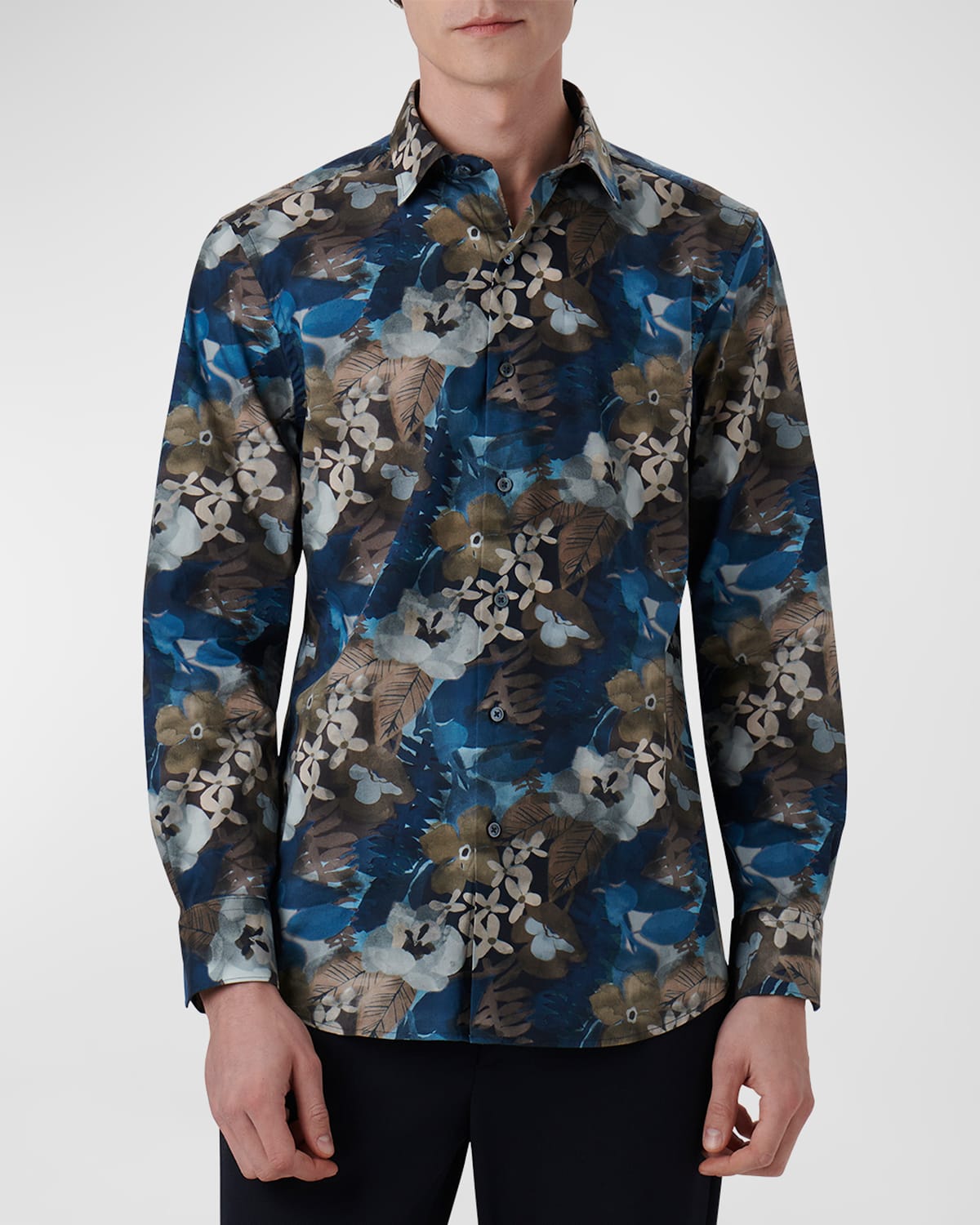 Bugatchi Men's Shaped Floral-print Sport Shirt In Night Blue