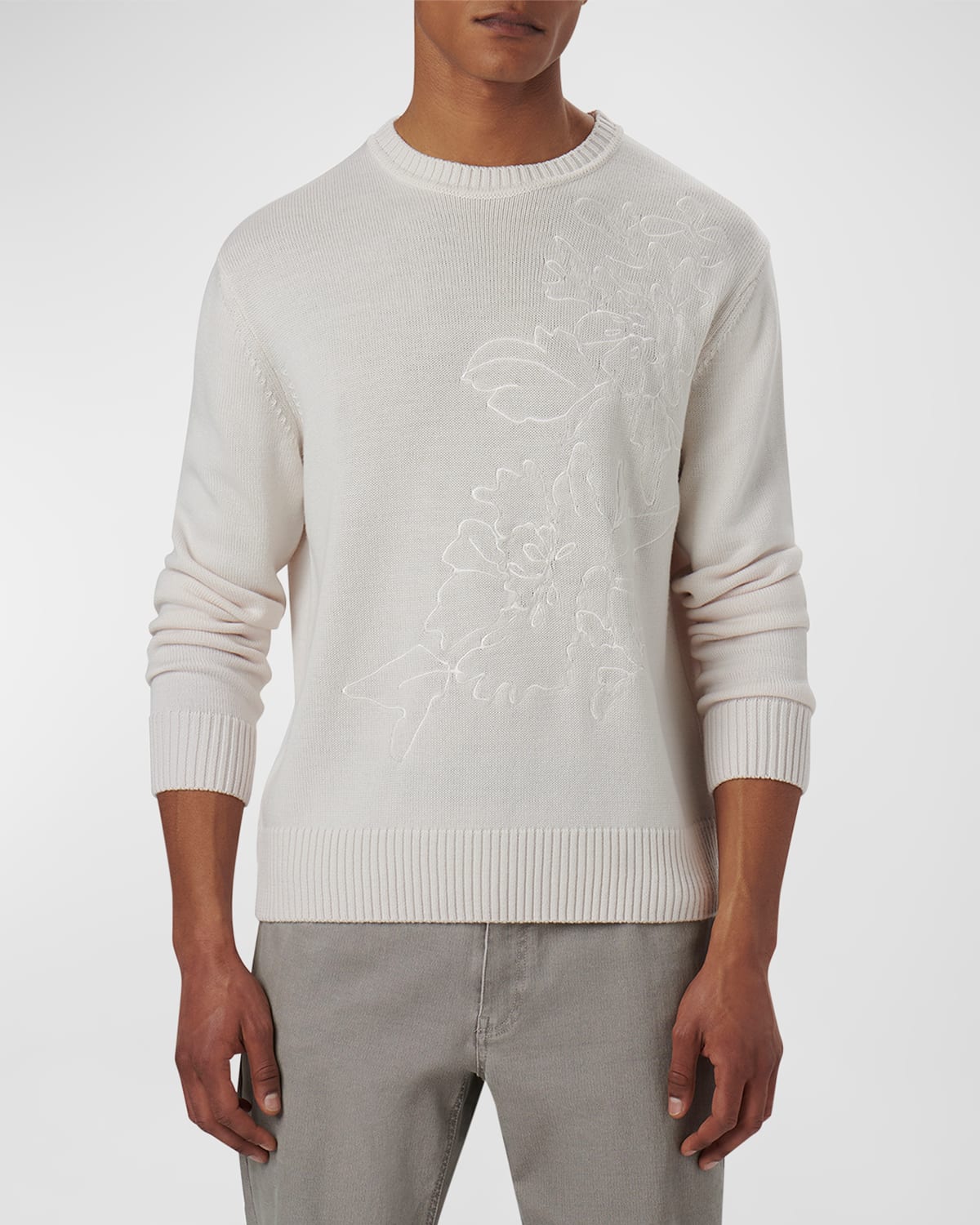 Bugatchi Men's Embroidered Crewneck Long-sleeve Sweater In Chalk