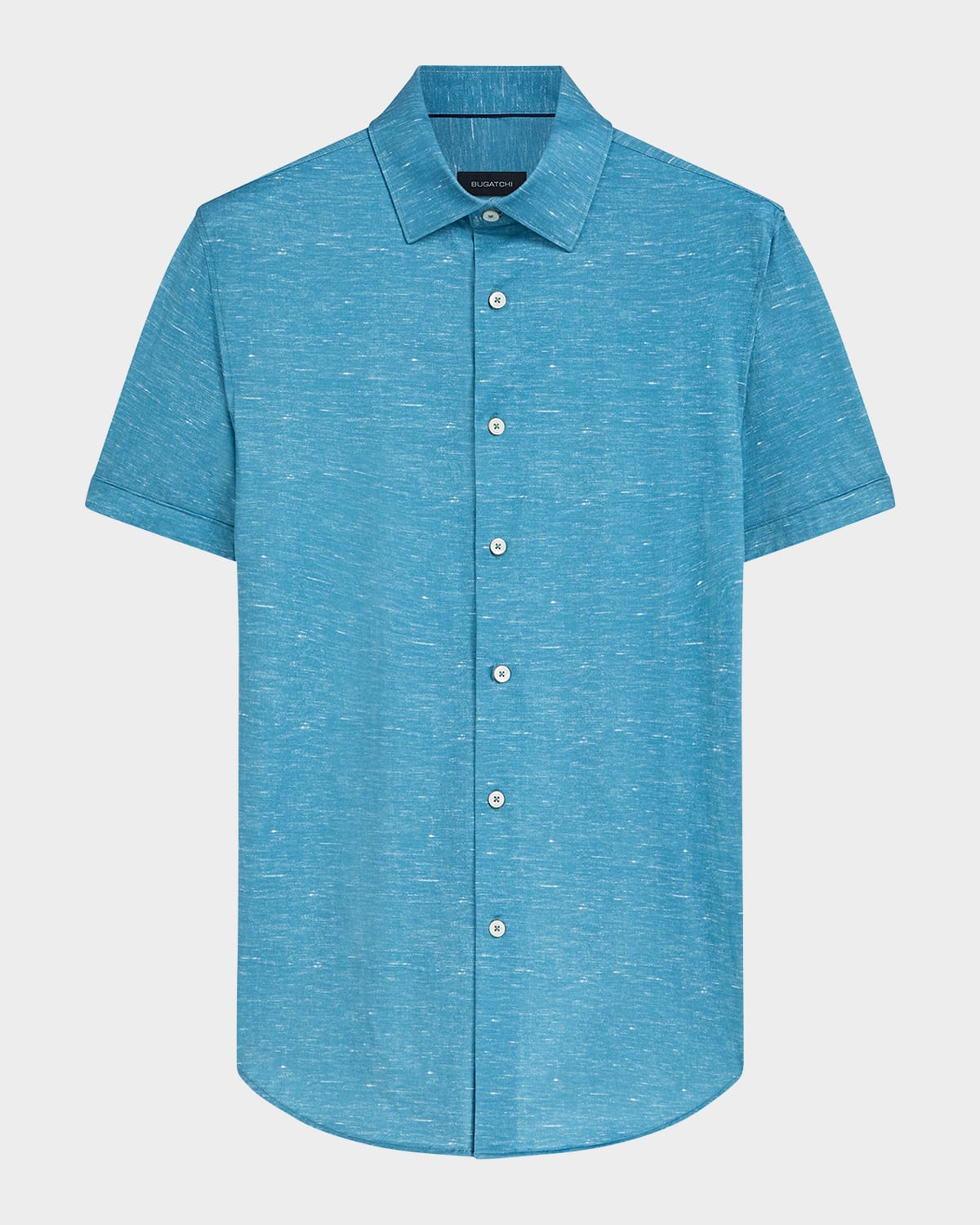 Bugatchi Tech Slub Knit Short Sleeve Stretch Cotton Button-up Shirt In Peacock