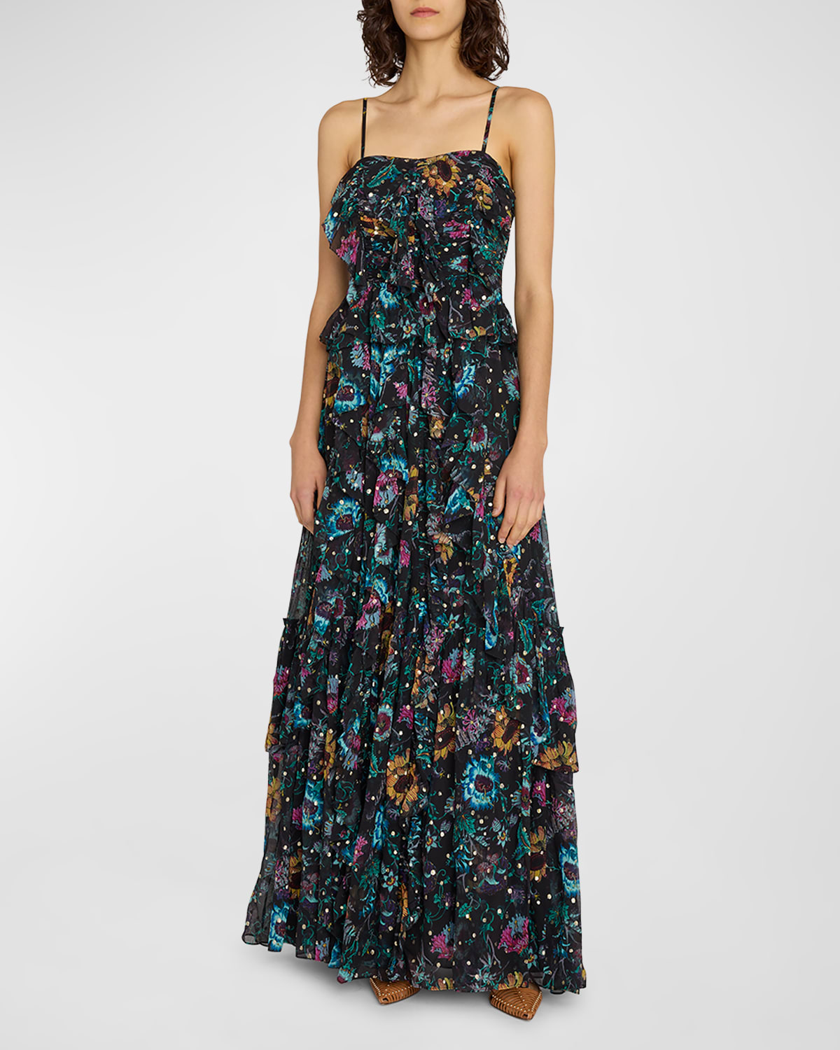 Shop Ulla Johnson Colette Tiered Ruffle Silk Chiffon Gown In Black Iris