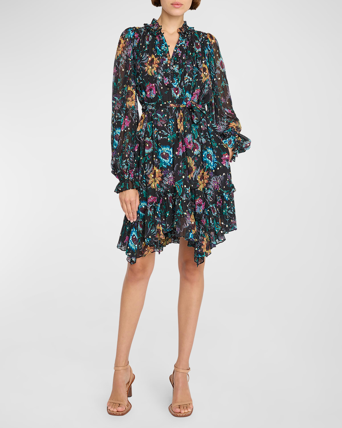 Shop Ulla Johnson Anais Printed Silk Chiffon Tie-waist Dress In Black Iris