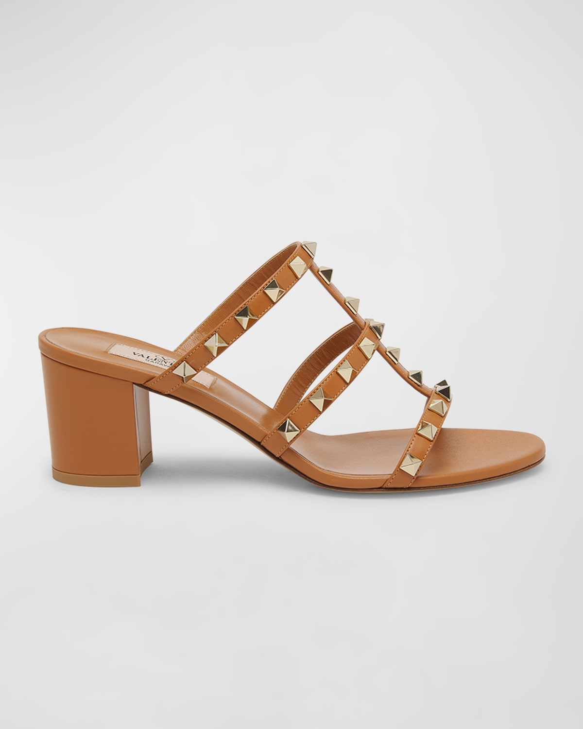 Shop Valentino Rockstud Caged Block-heel Slide Sandals In Almond Beige