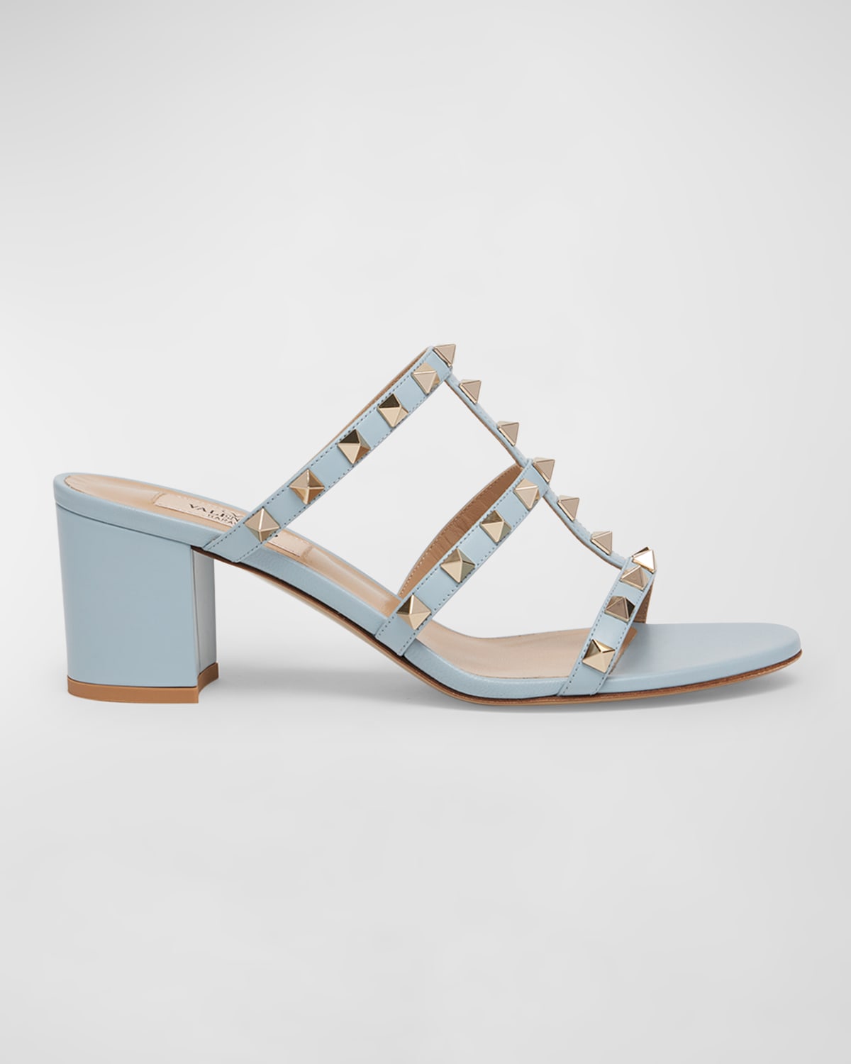 Shop Valentino Rockstud Caged Block-heel Slide Sandals In Zj4 Blu Porcellana