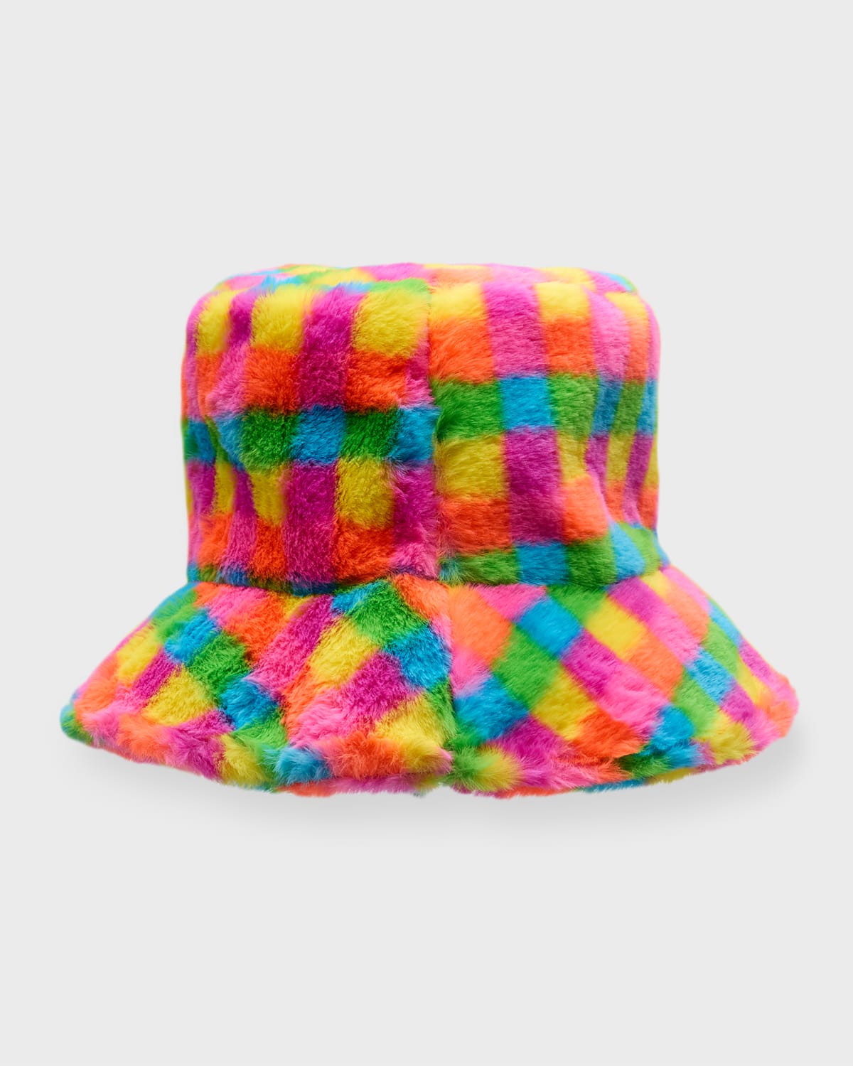 Shop Bari Lynn Kid's Rainbow Check-print Faux Fur Bucket Hat In Multi