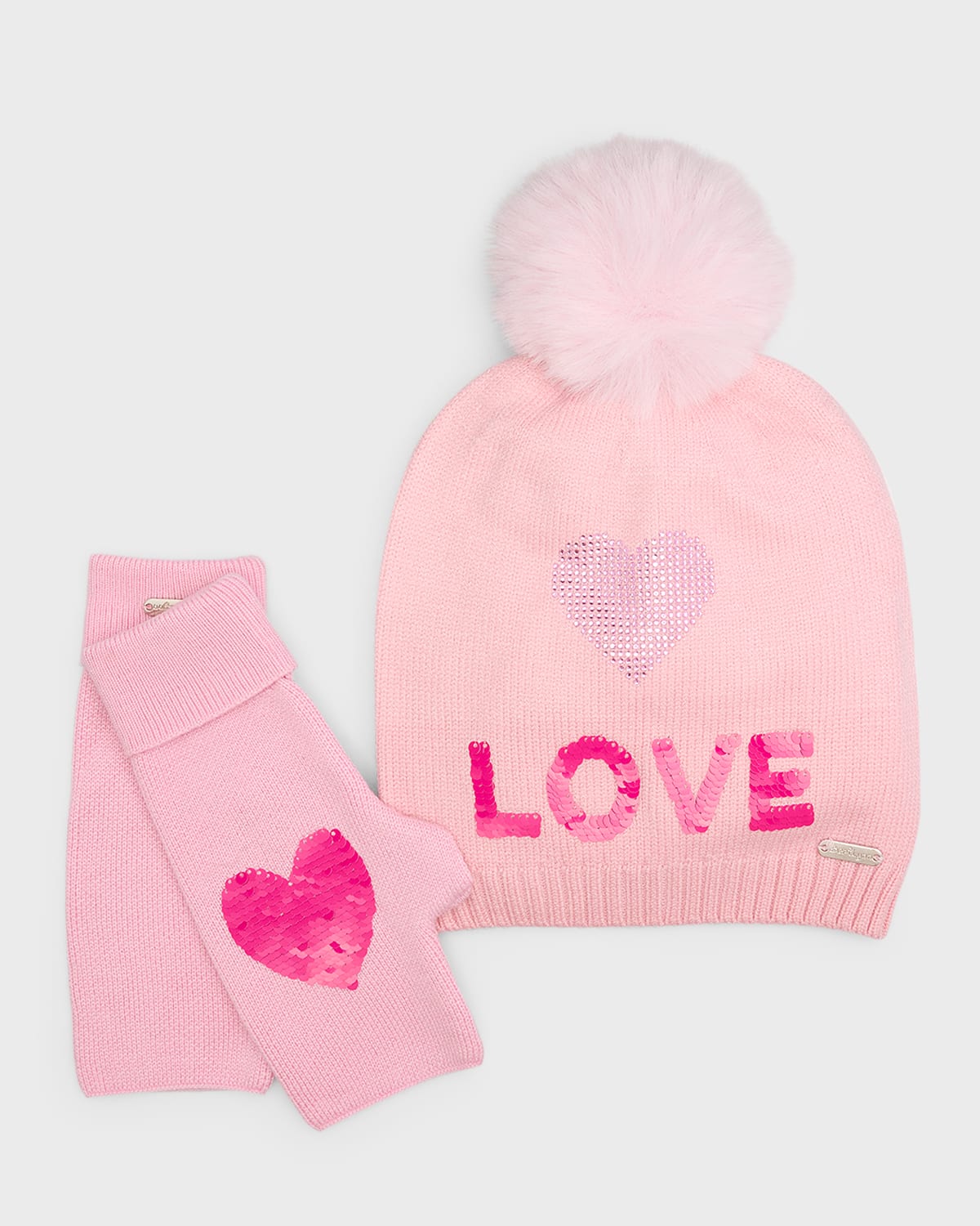Shop Bari Lynn Girl's Pom Pom Beanie W/ Sequin Heart & Fingerless Glove Set In Pink