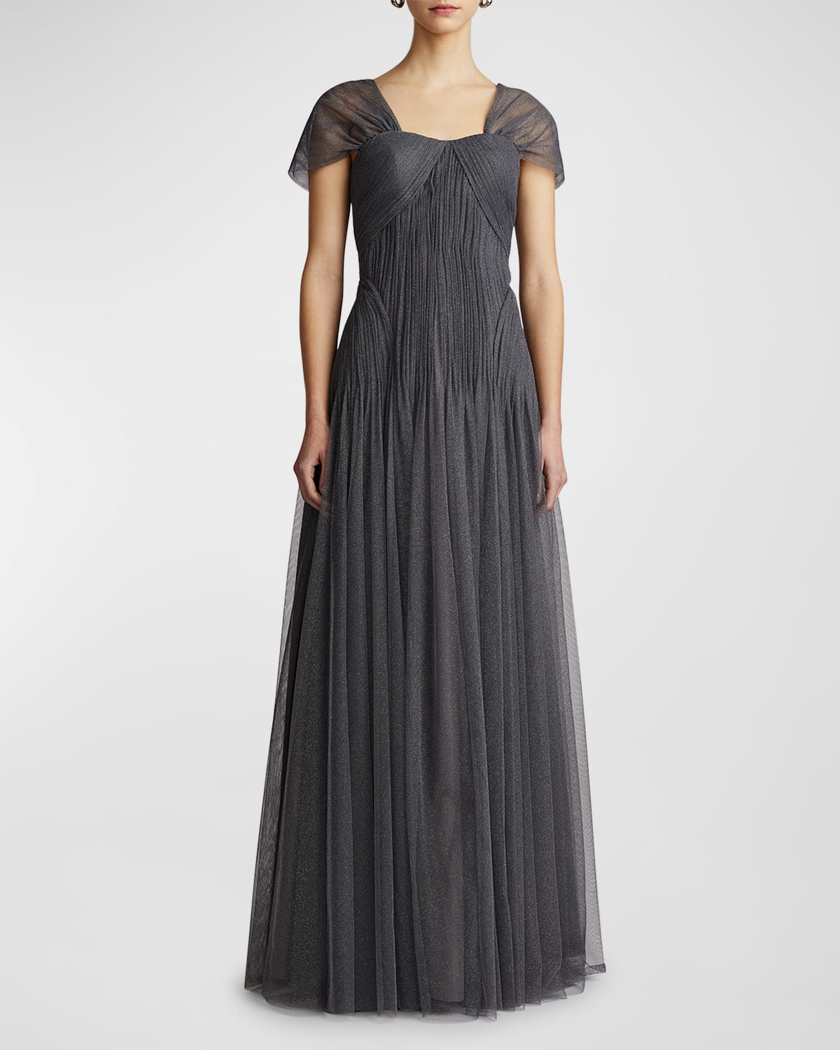 Zac Posen Ruched A-line Shimmer Tulle Gown In Silver