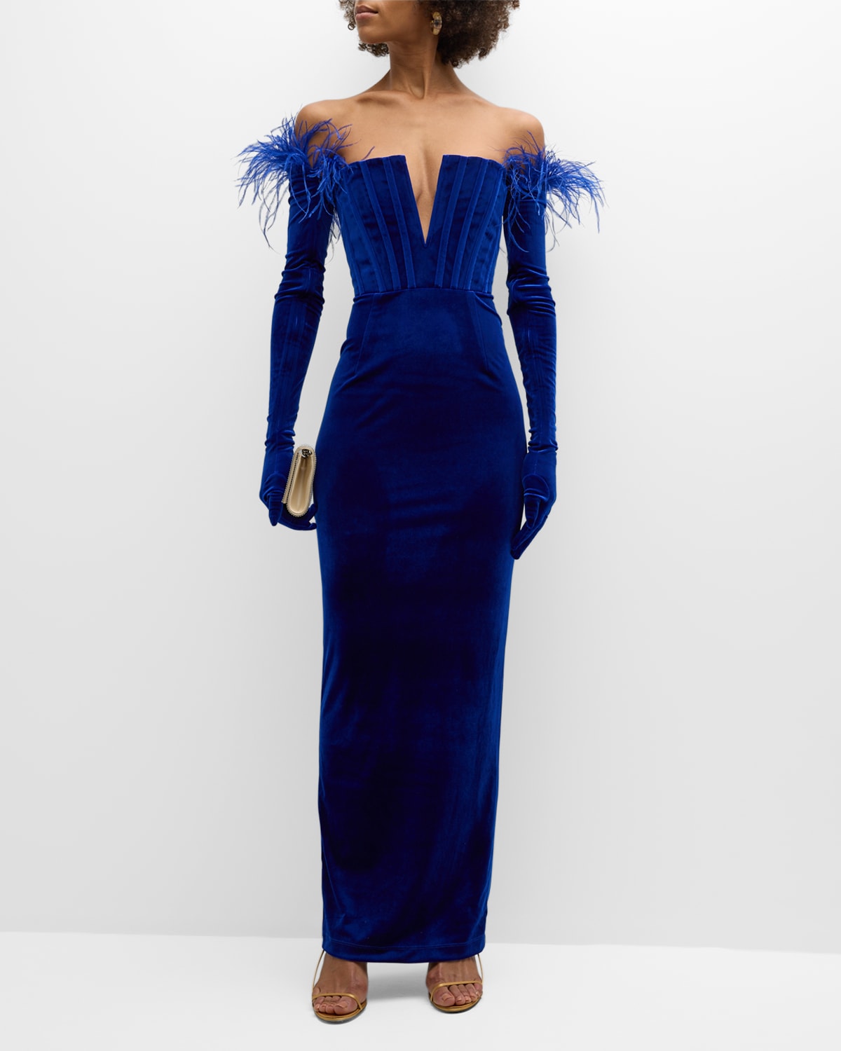 Bronx And Banco Florentina Strapless Velvet Gown With Gloves In Cobalt