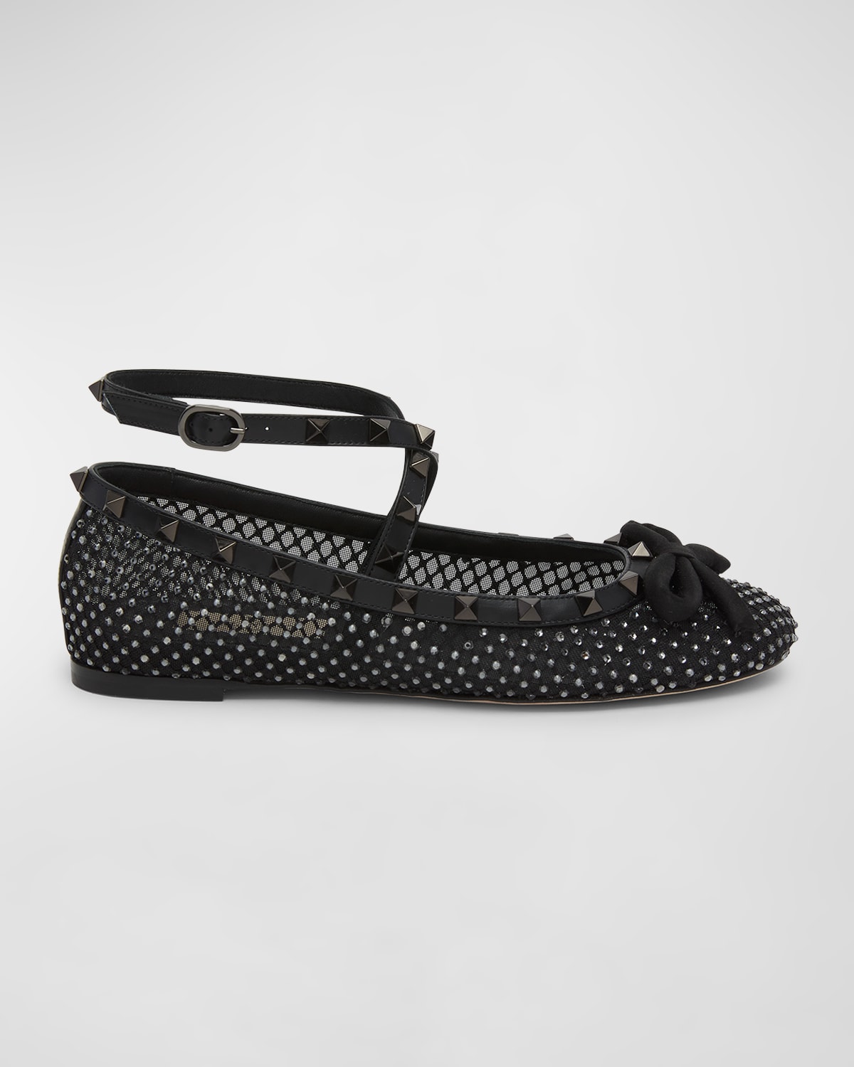 Valentino Rockstud Mesh Ballerina With Crystals And Matching Studs In Black Diamond Ner