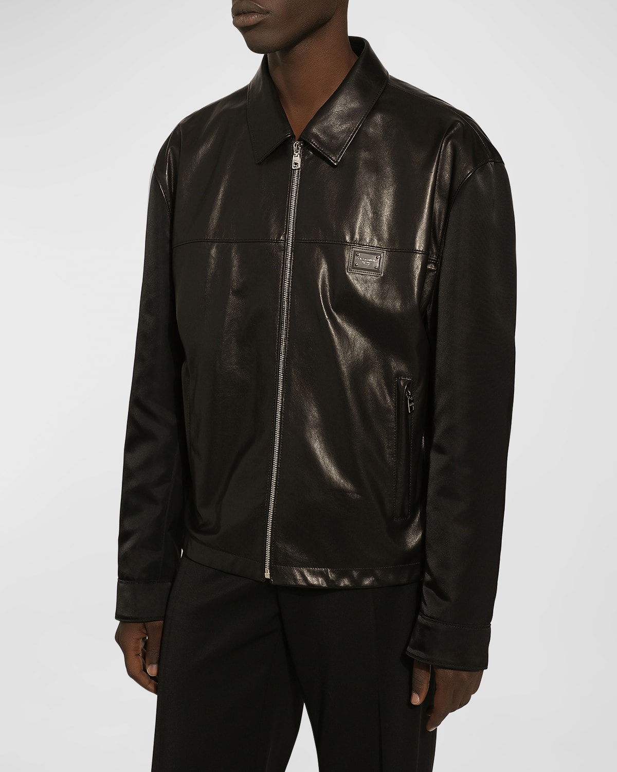 Shop Dolce & Gabbana Men's Leather And Nylon Plaque Bomber Jacket In Black