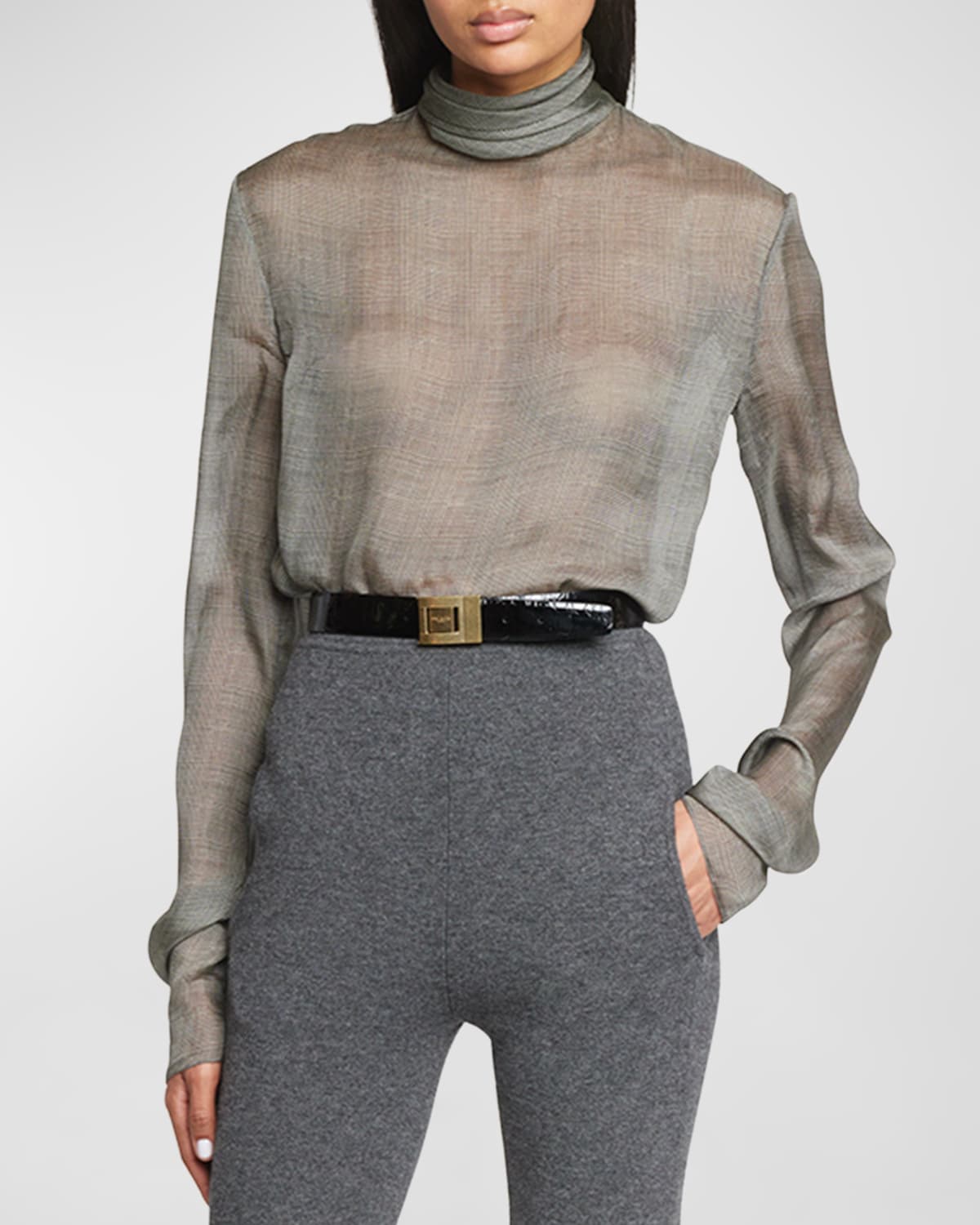 Saint Laurent Sheer Plaid High Neck Blouse In Biancomult