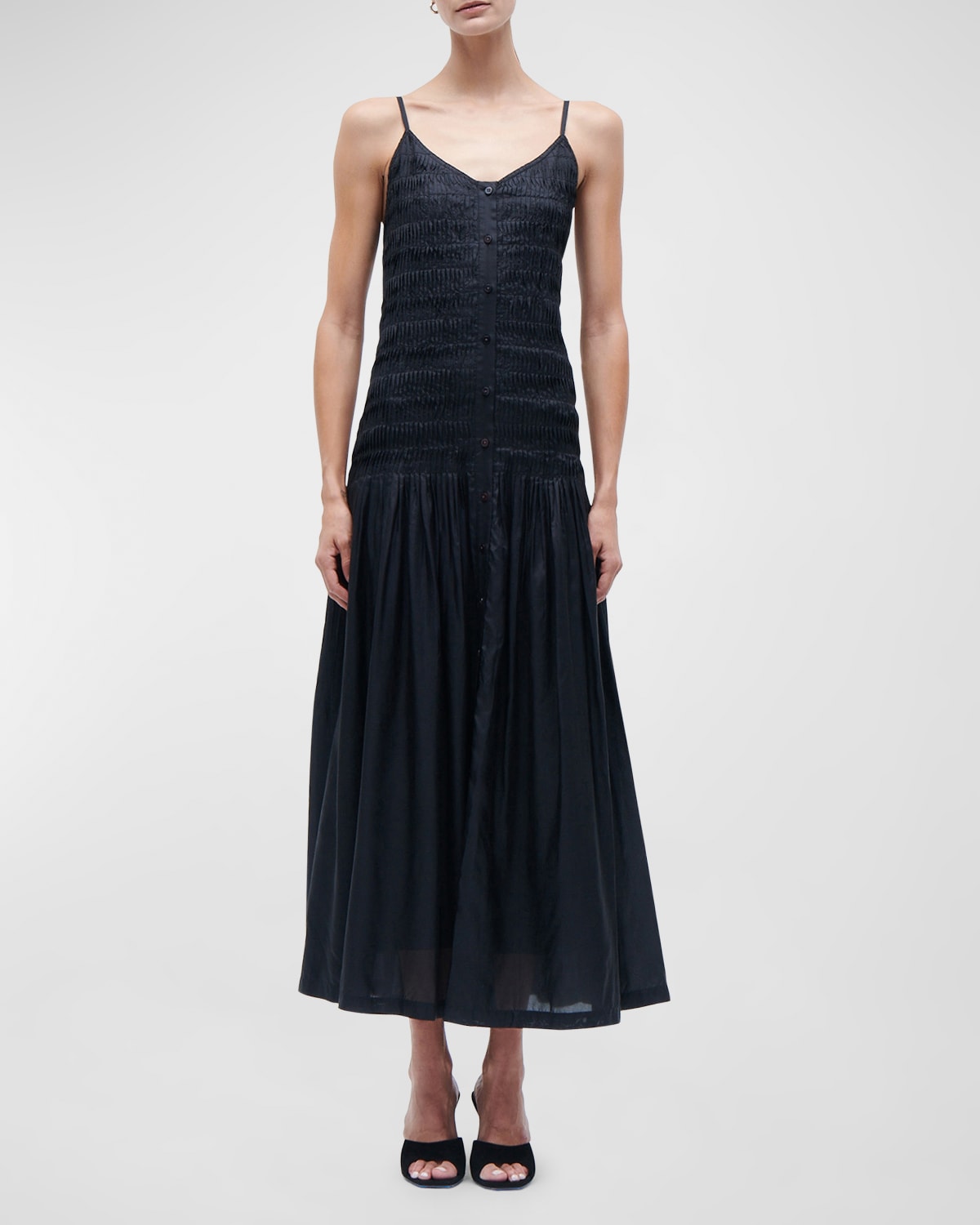 Shop Figue Holkham Pleated Button-front Maxi Dress In Black