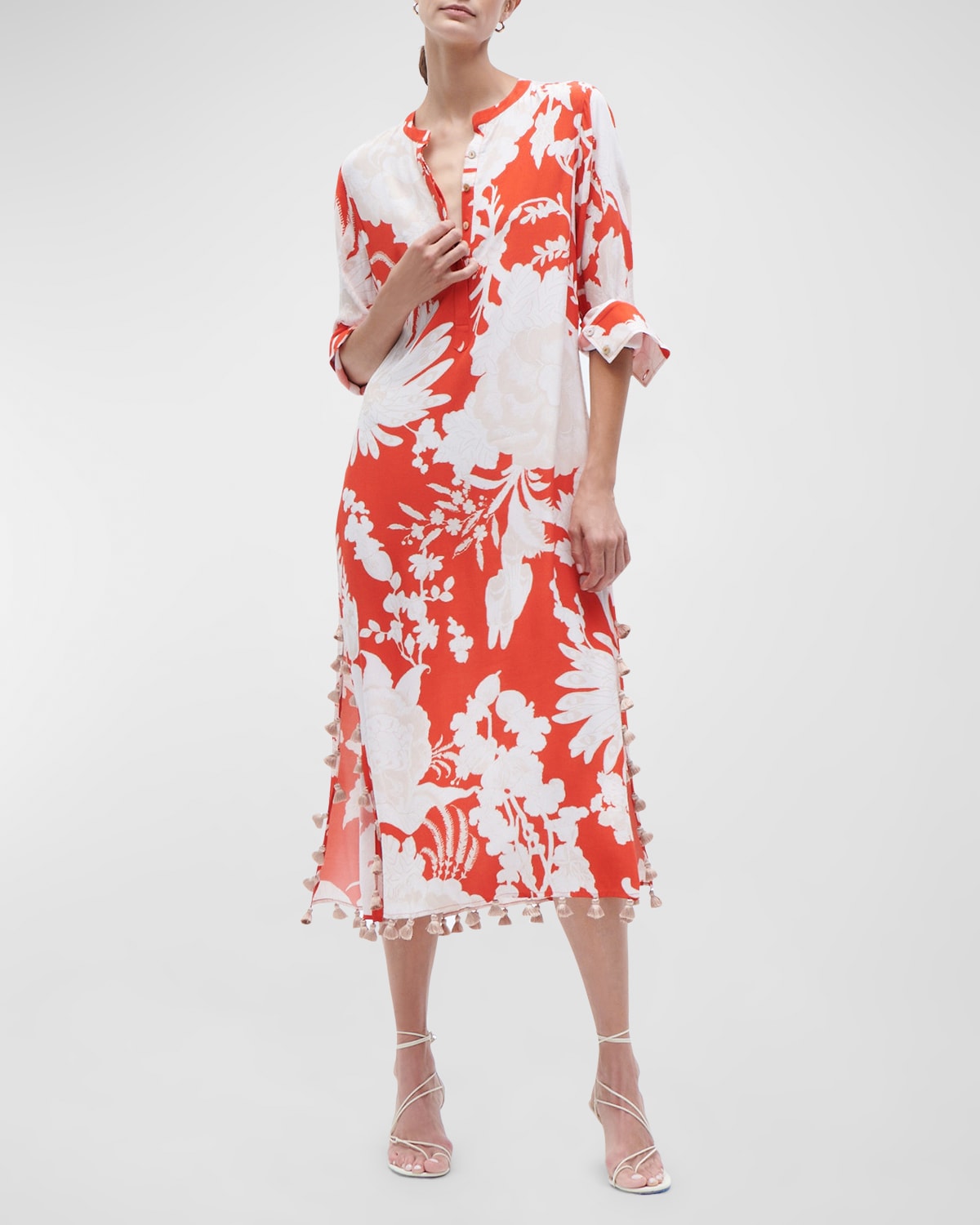 Paolina Floral-Print Tassel Slit-Hem Midi Kaftan Dress