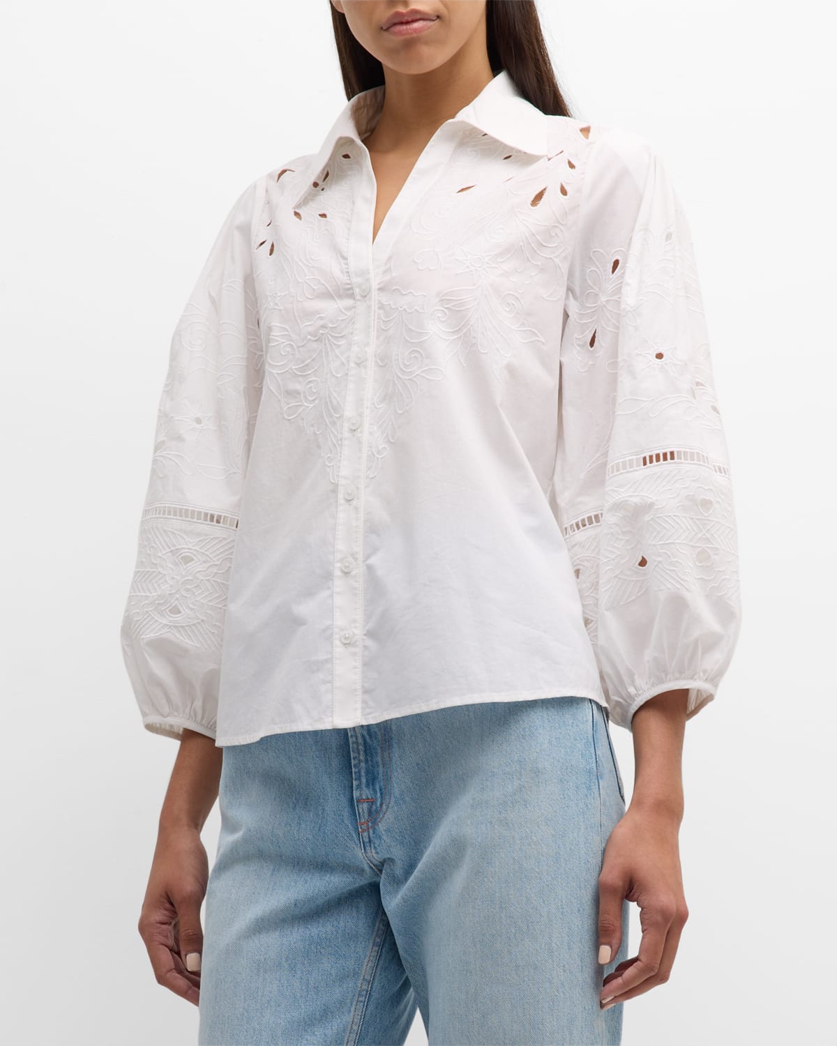 Shop Figue Sharon Broderie Anglaise Blouson-sleeve Collared Top In Clean White