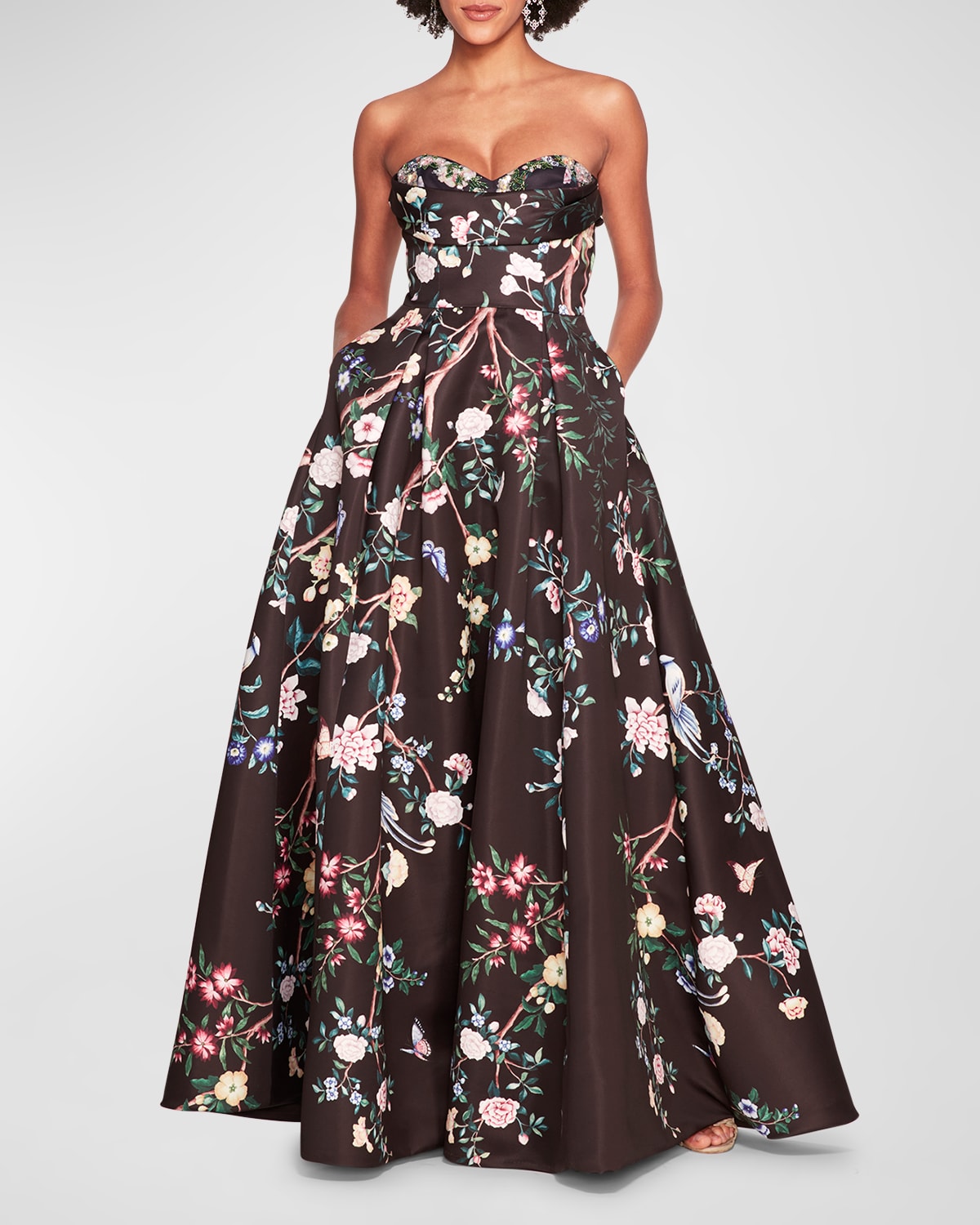 MARCHESA NOTTE STRAPLESS PLEATED FLORAL-PRINT SATIN GOWN