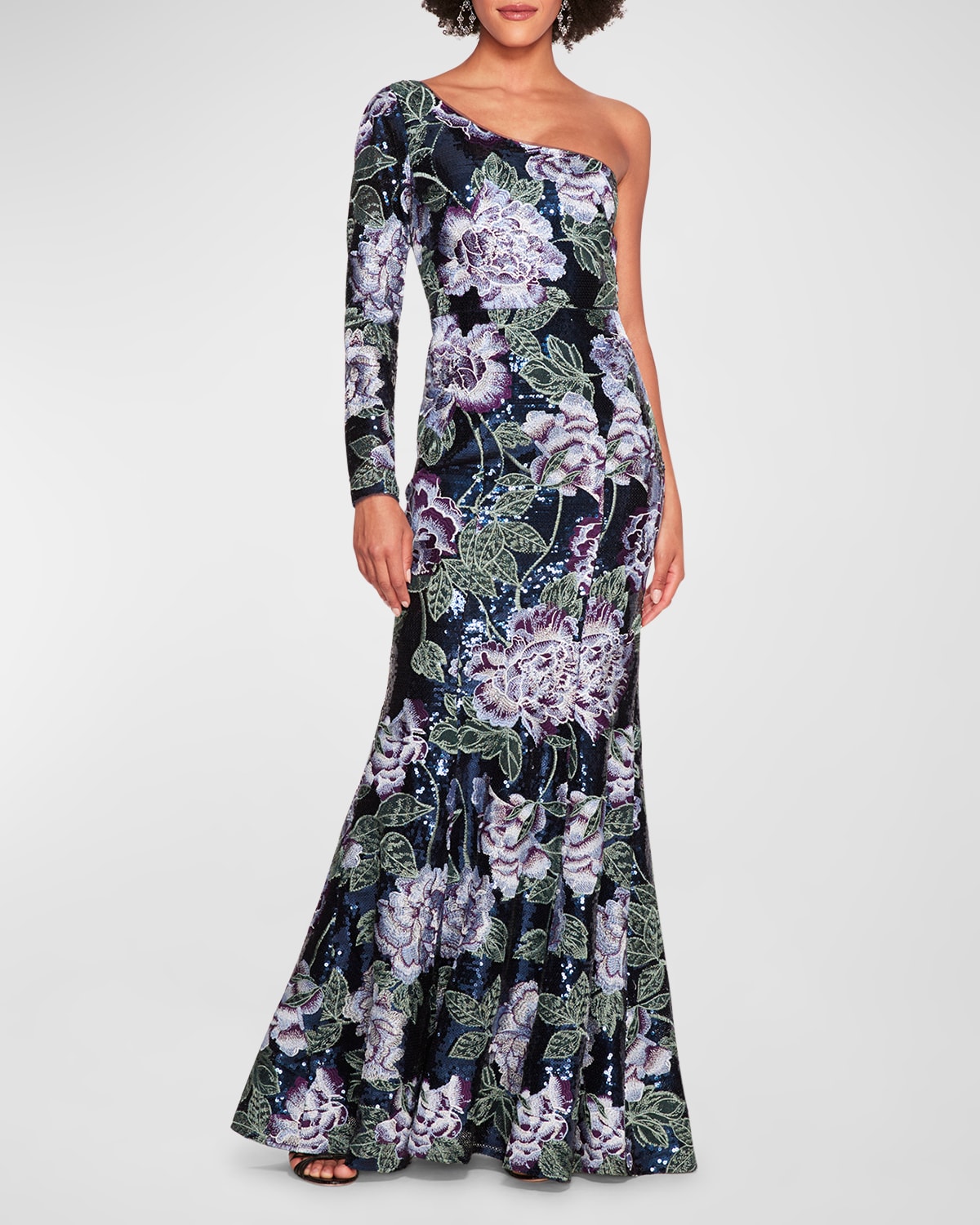 Shop Marchesa Notte One-shoulder Floral-embroidered Sequin Gown In Navy