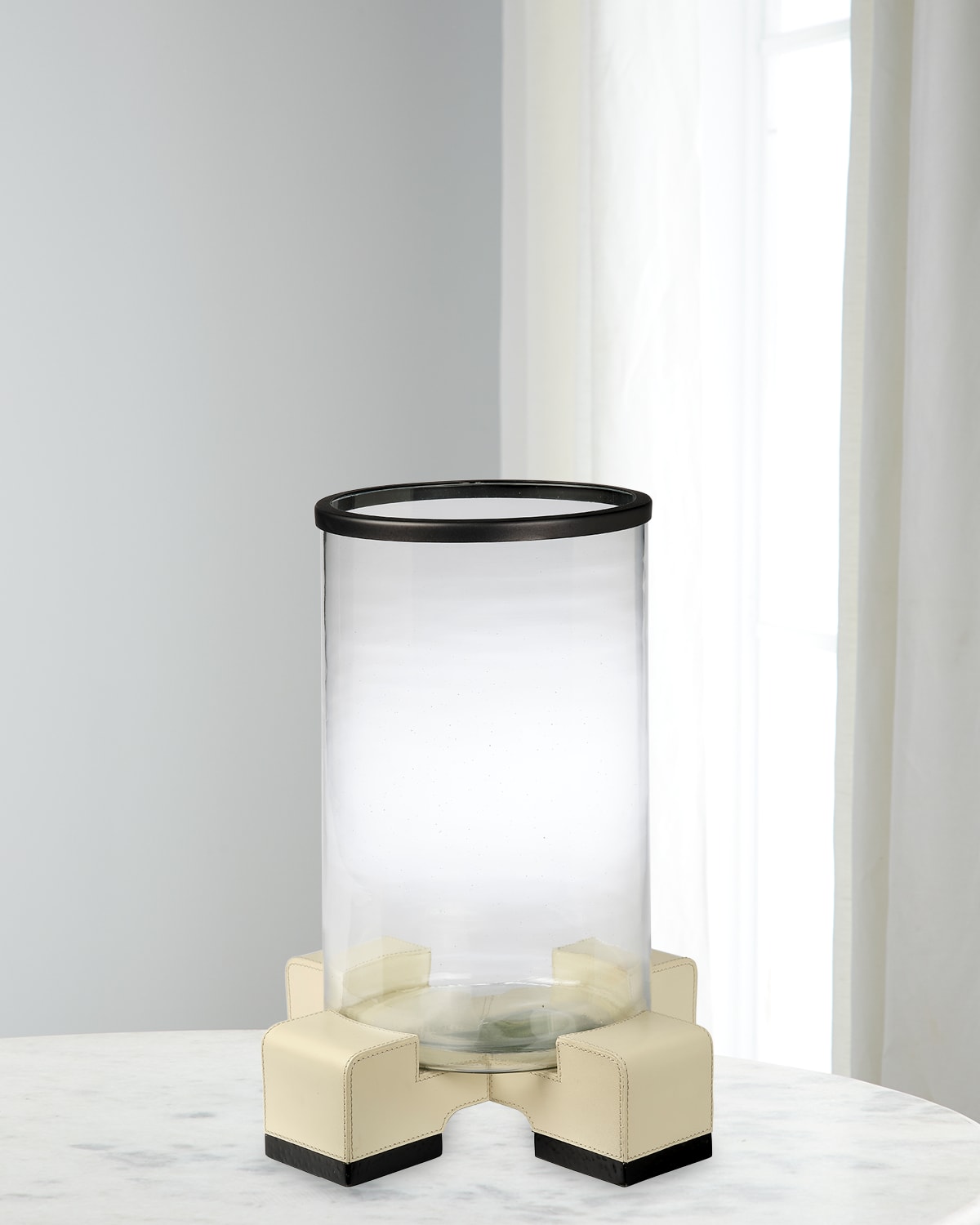 Jamie Young Vector Leather And Glass Hurricane Candle Holder In Cream