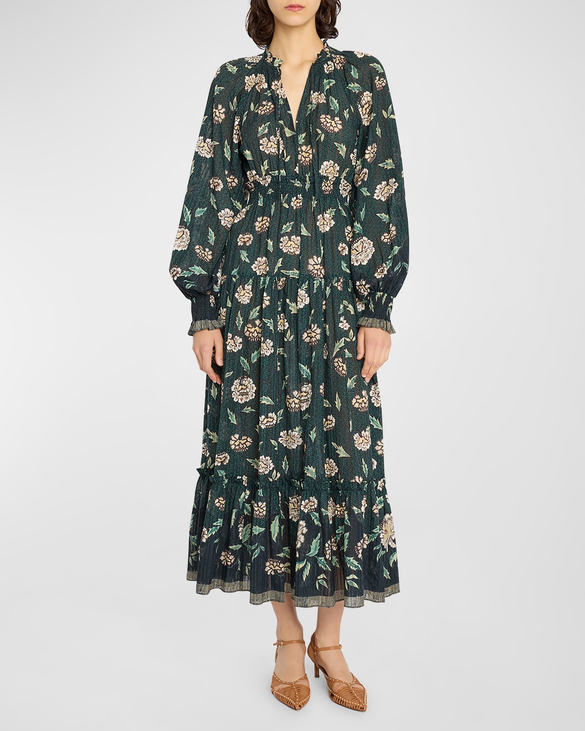 Shop Ulla Johnson Katerina Puff-sleeve Printed Midi Dress In Balsam