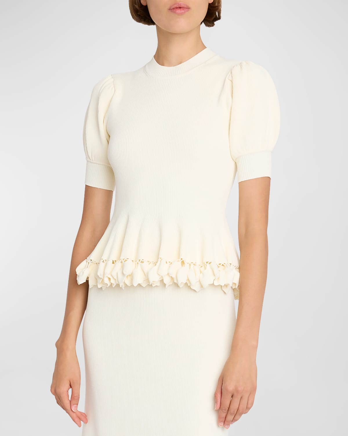 Shop Ulla Johnson Esma Short-sleeve Embellished Peplum Sweater In Alabaster