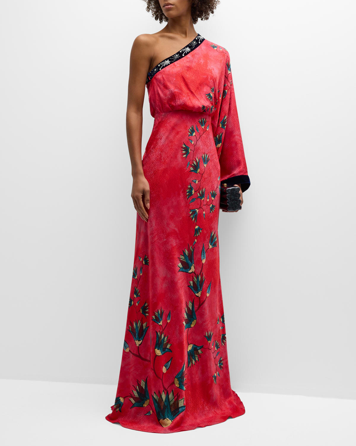 Shop Saloni Lily One-shoulder Floral Silk Kimono Gown In Garden Paradise