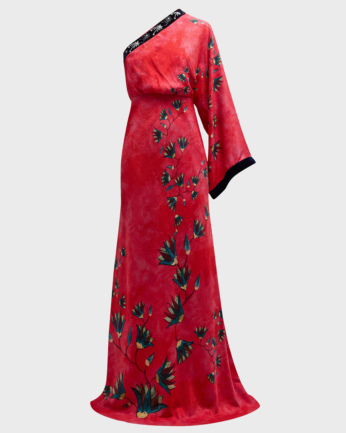 Shop Saloni Lily One-shoulder Floral Silk Kimono Gown In Garden Paradise