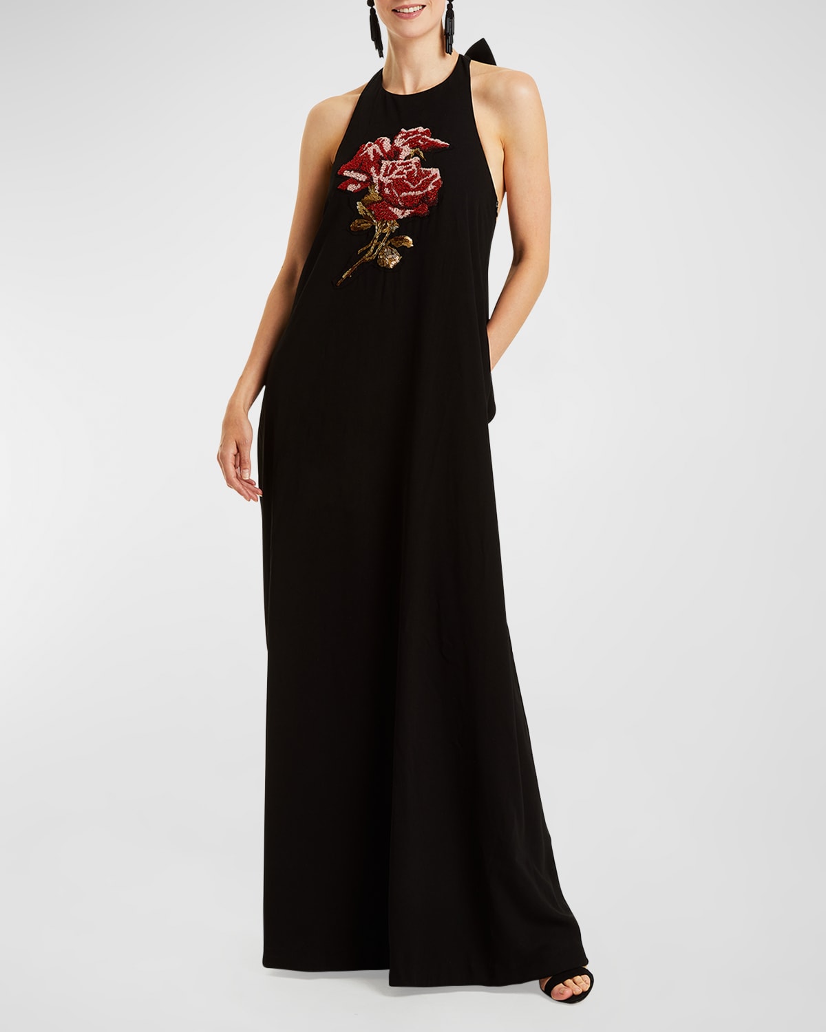 MESTIZA NEW YORK ADELINA FLORAL BEADED HALTER GOWN