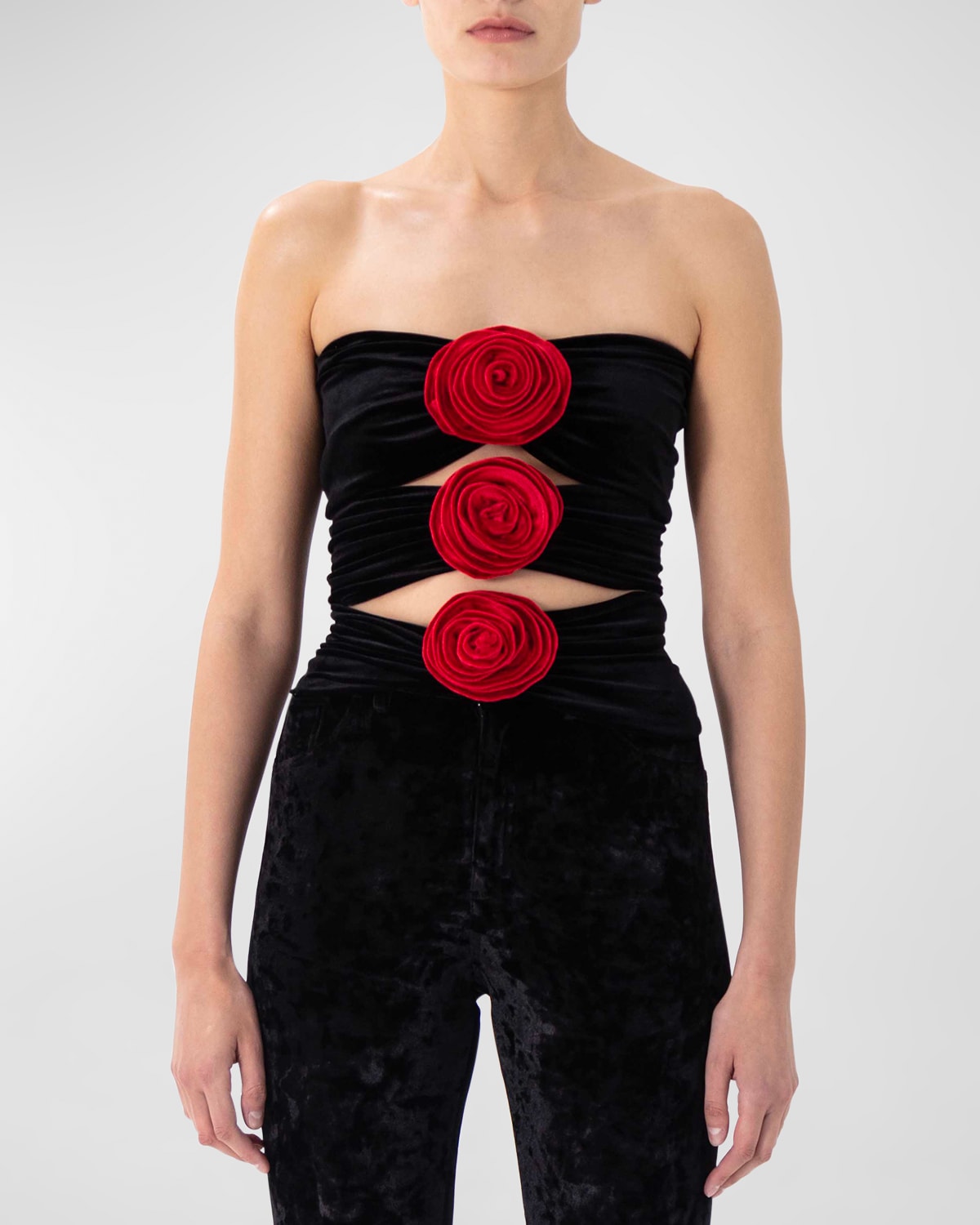 Shop Ronny Kobo Gatsby Velvet Rosette Strapless Cutout Top In Jet Black Crimson