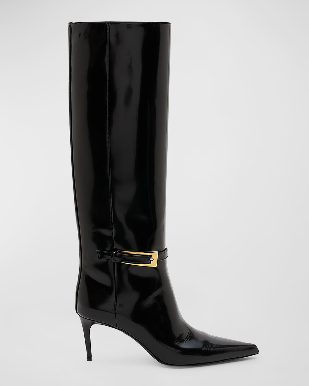 Saint Laurent Lee Patent Buckle Knee Boots In Noir