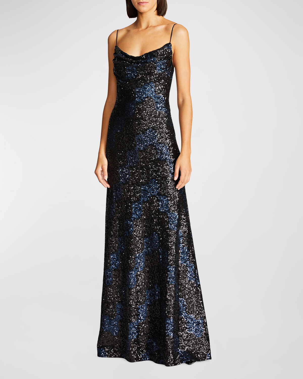 HALSTON SYRENA COWL-NECK WAVE SEQUIN GOWN