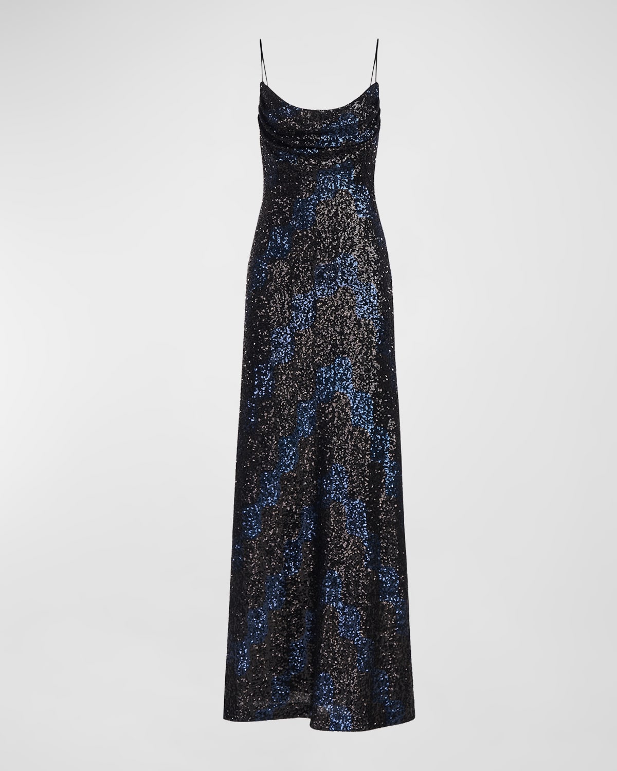 Halston Syrena Cowl-neck Wave Sequin Gown In Black Navy