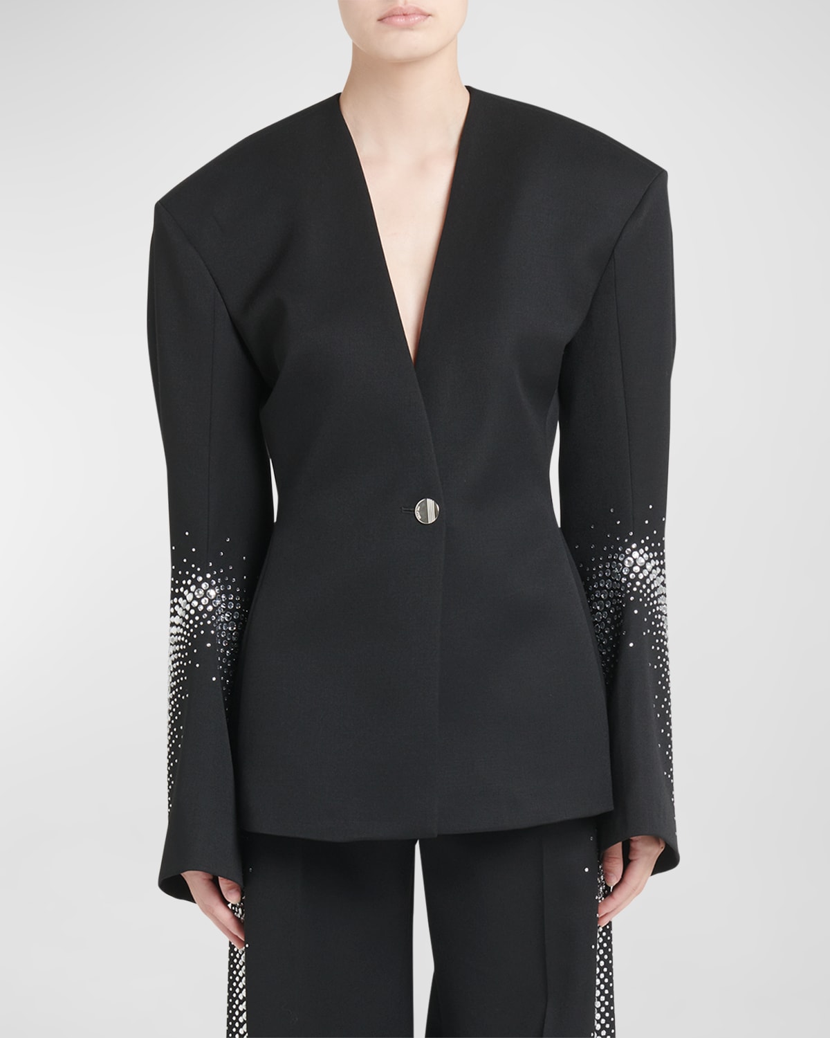 Shop Attico Strass Embellished Curved-sleeve Single-breasted Blazer Jacket In Blacksilver