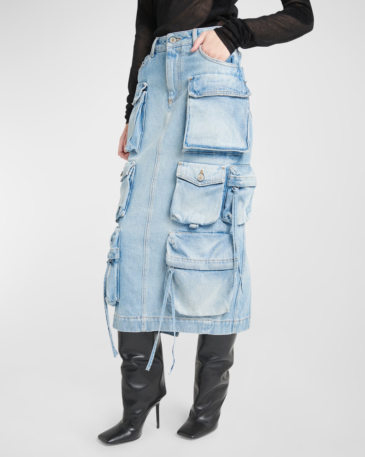 Shop Attico High-waist Denim Cargo Midi Skirt In Sky Blue