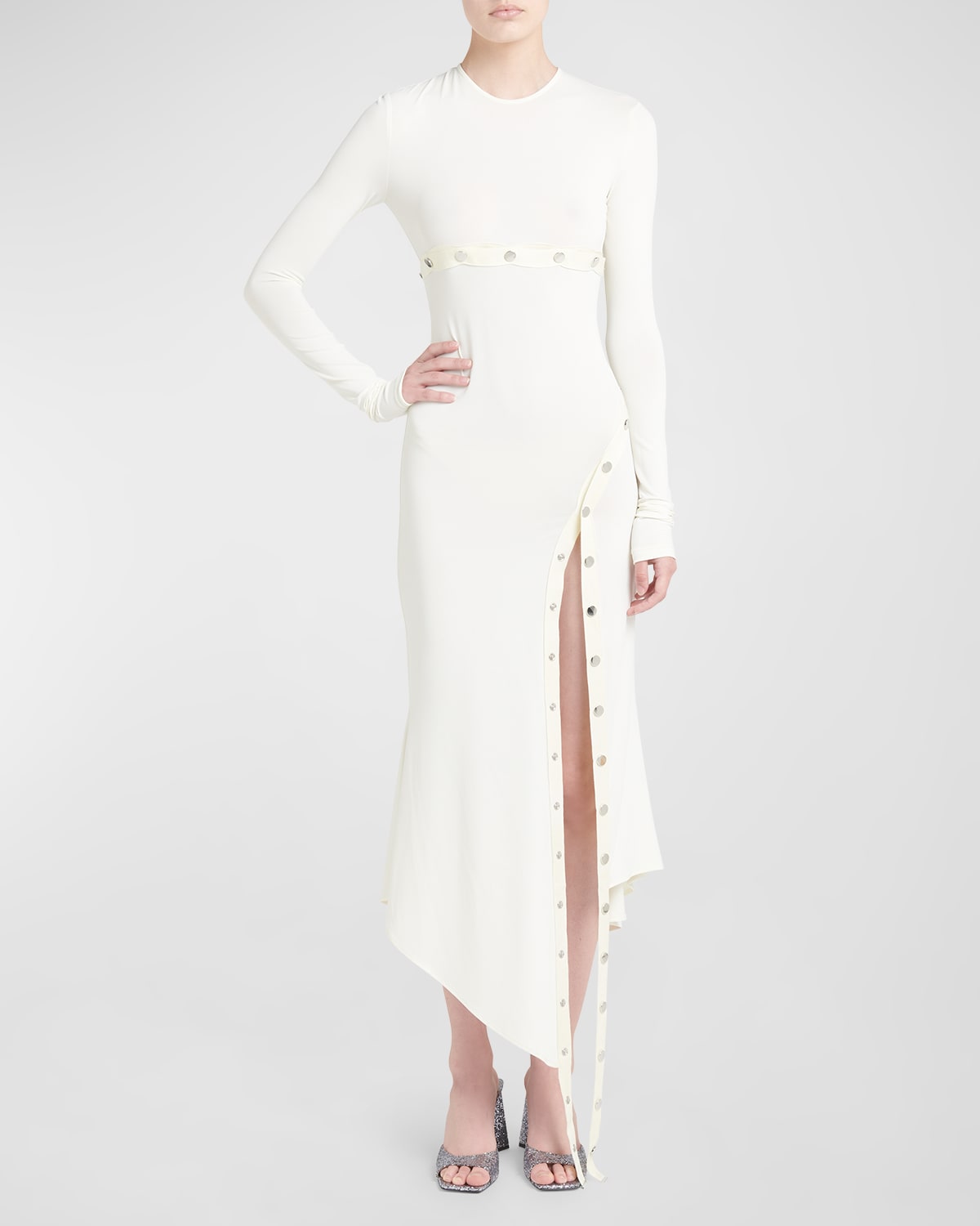 Shop Attico Snap Slit-hem Long-sleeve Midi Dress In Milk