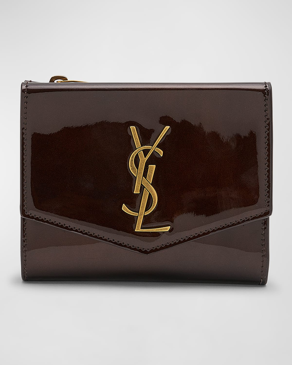 SAINT LAURENT YSL MONOGRAM SMALL ENVELOPE FLAP WALLET WITH ZIP POCKET IN PATENT LEATHER
