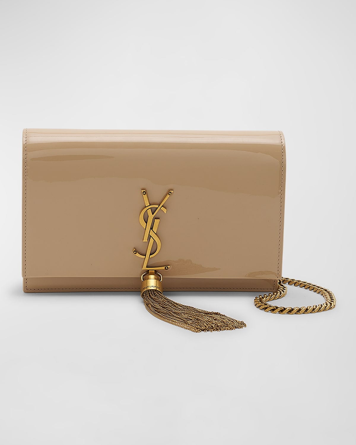 Saint Laurent Kate Small Tassel Ysl Wallet On Chain In Patent Leather In Poudre