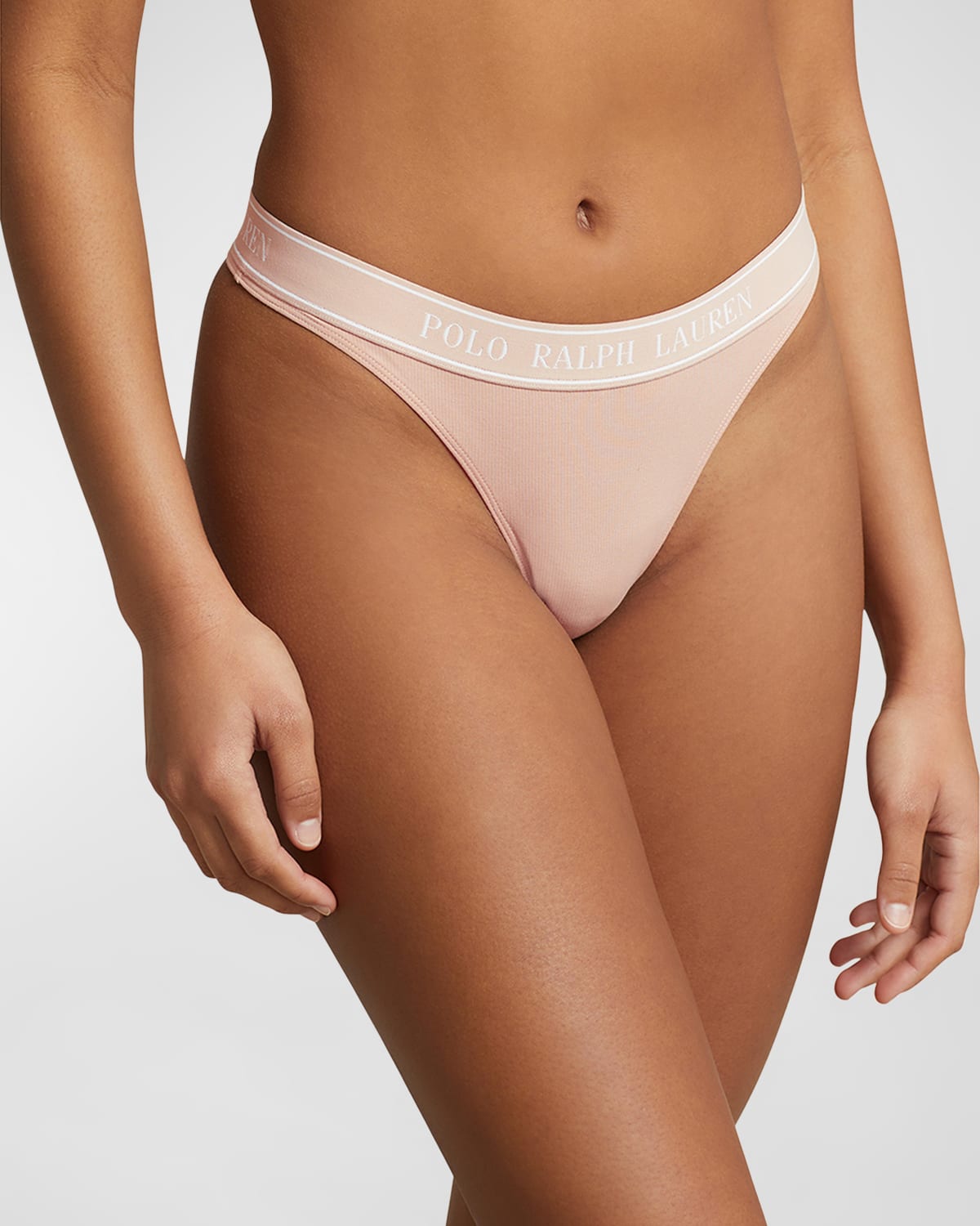 Shop Polo Ralph Lauren Ribbed Mid-rise Logo Thong In Clay