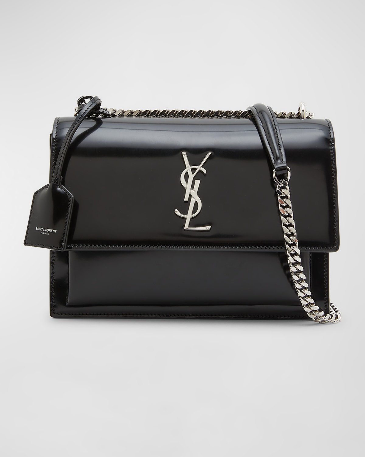 Saint Laurent Sunset Medium Ysl Crossbody Bag In Patent Leather In Noir