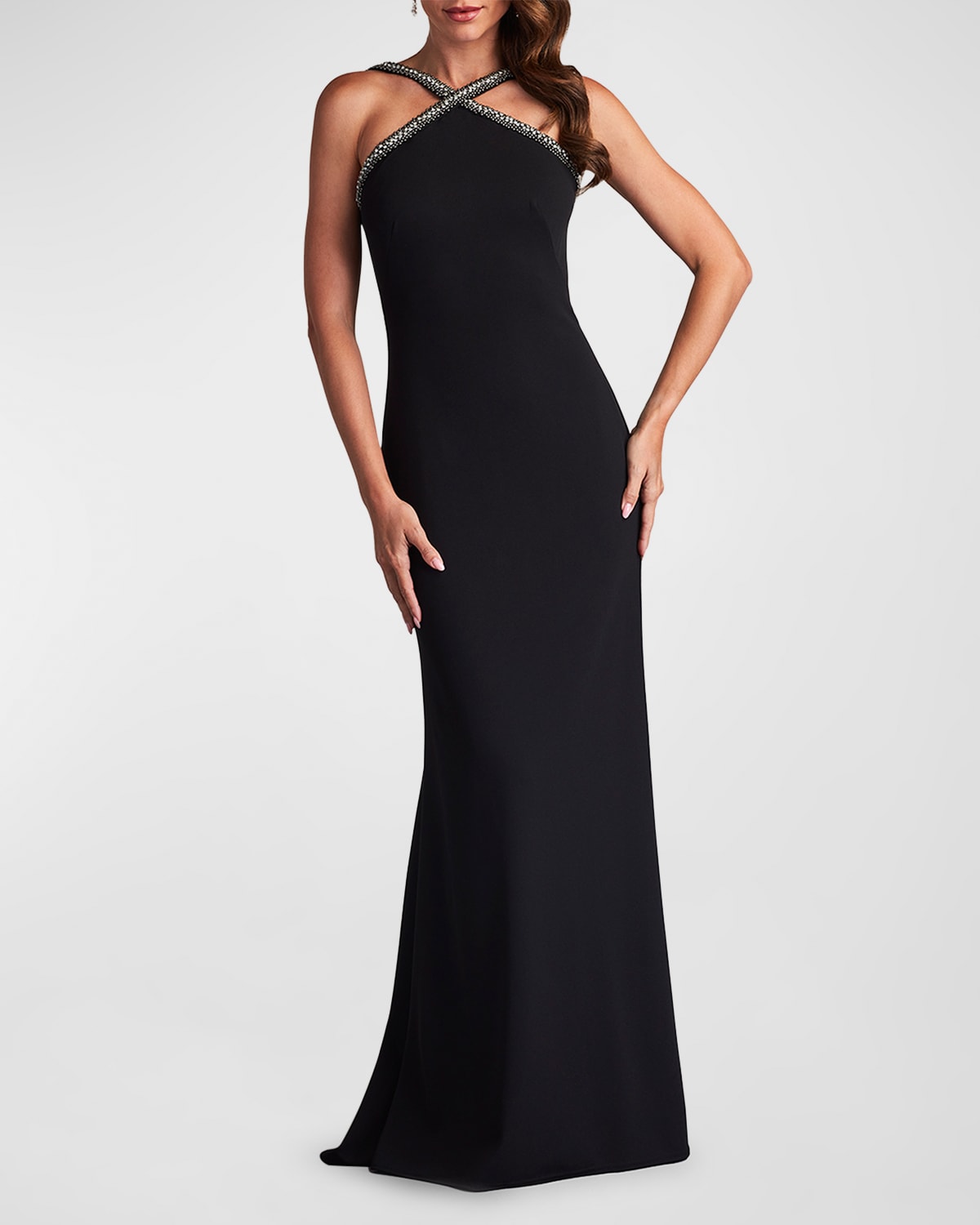 Beaded Crepe Halter Trumpet Gown