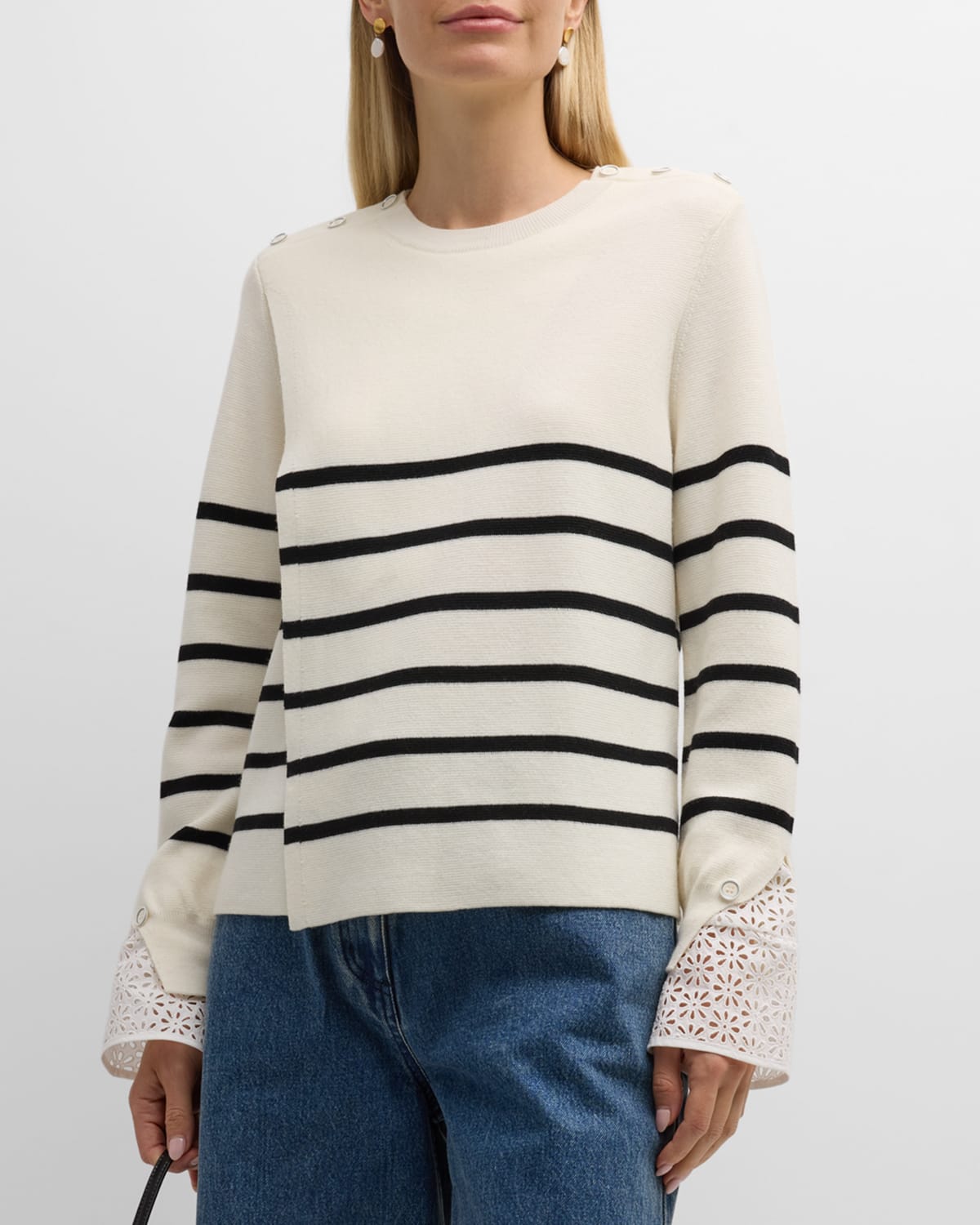 Shop 3.1 Phillip Lim / フィリップ リム Sailor Stripe Lace Cuff Sweater In Ivory-blk
