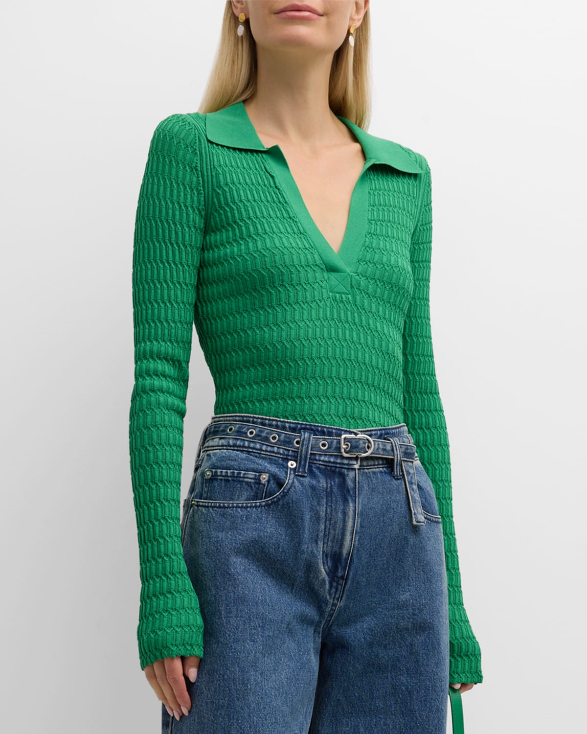 Shop 3.1 Phillip Lim / フィリップ リム Honeycomb Stitch Long-sleeve Polo Top In Grass